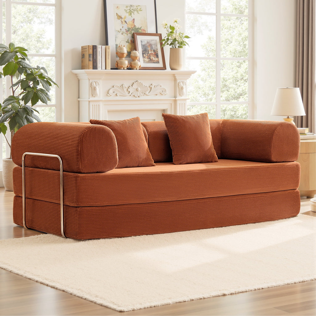 COOLHUT 78.7" W Combination Sofa, High Rebound Density Sponge Sofa Couch, Two Forms Floor Couch Three Seats Sofa Bed for Living Room, Bedroom, Pumpkin Brown