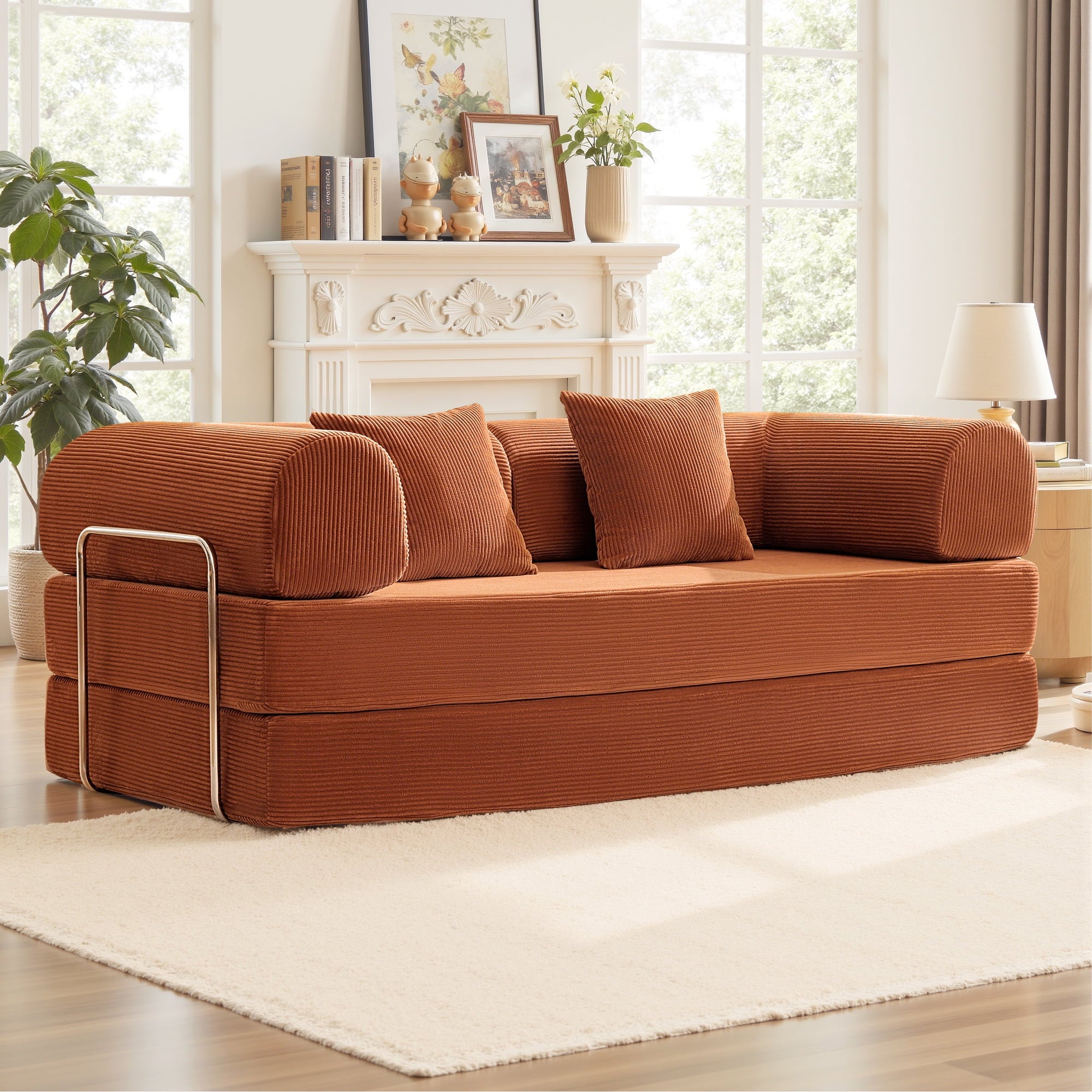 COOLHUT 78.7" W Combination Sofa, High Rebound Density Sponge Sofa Couch, Two Forms Floor Couch Three Seats Sofa Bed for Living Room, Bedroom, Pumpkin Brown