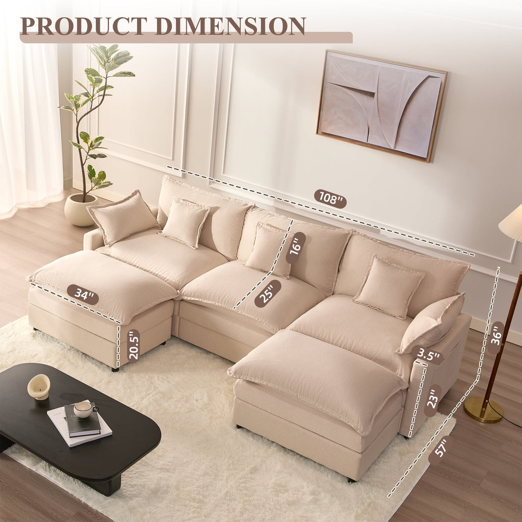 Bigsyy 3 - Seat Sectional Sofa Couch, Comfy Cloud Style, Deep Seat, Sleeper Function with Throw Pillows. Ideal for Adult - Occupied Living Rooms, Modern Design, Cozy Beige