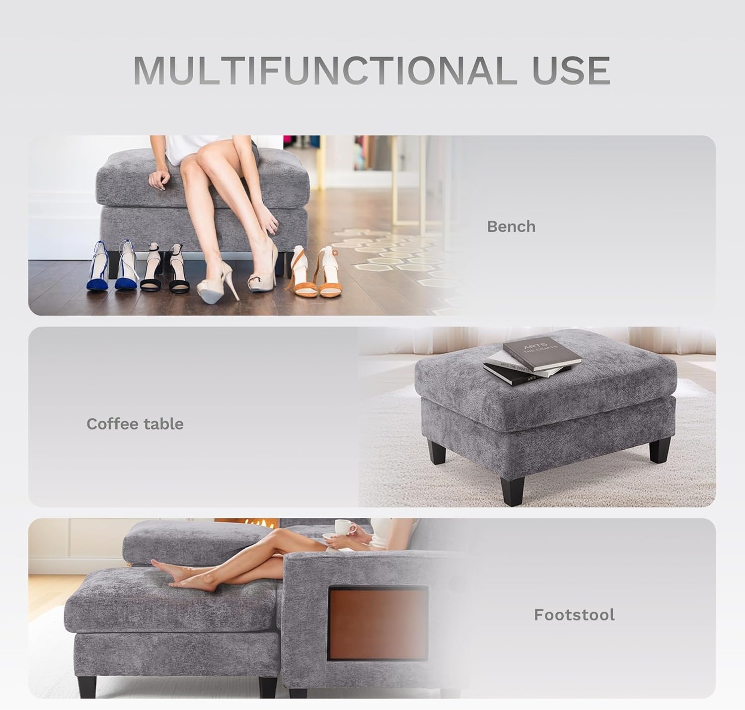 COLAMY 118" U Shaped Sectional Couches,4 Seat Modular Sofa with 2 Ottoman and Foldable Side Table for Living Room, Grey