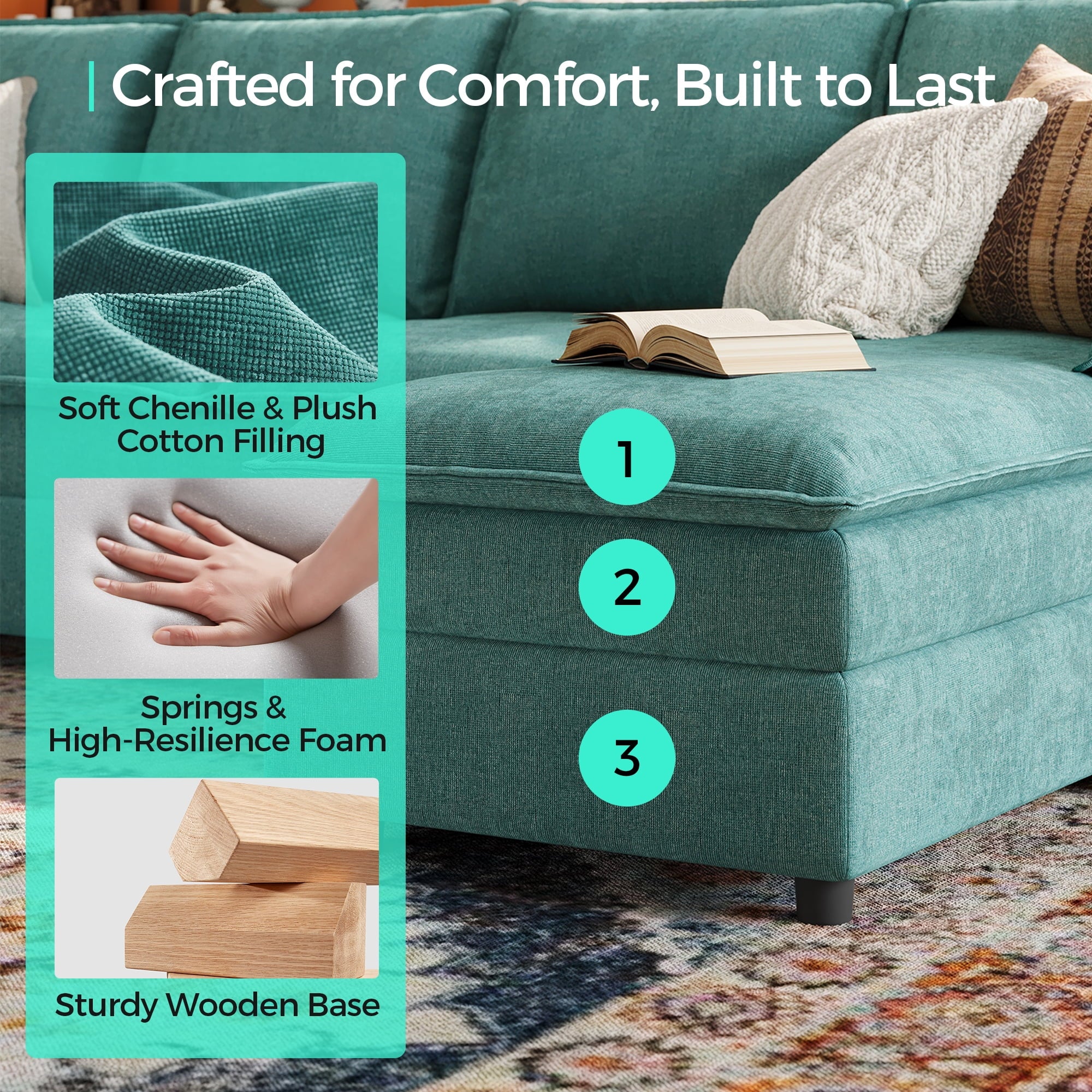 Linsy Home 113" Cloud Sectional Couches for Living Room, L-Shaped Sectional Sofa with Movable Ottoman, Green