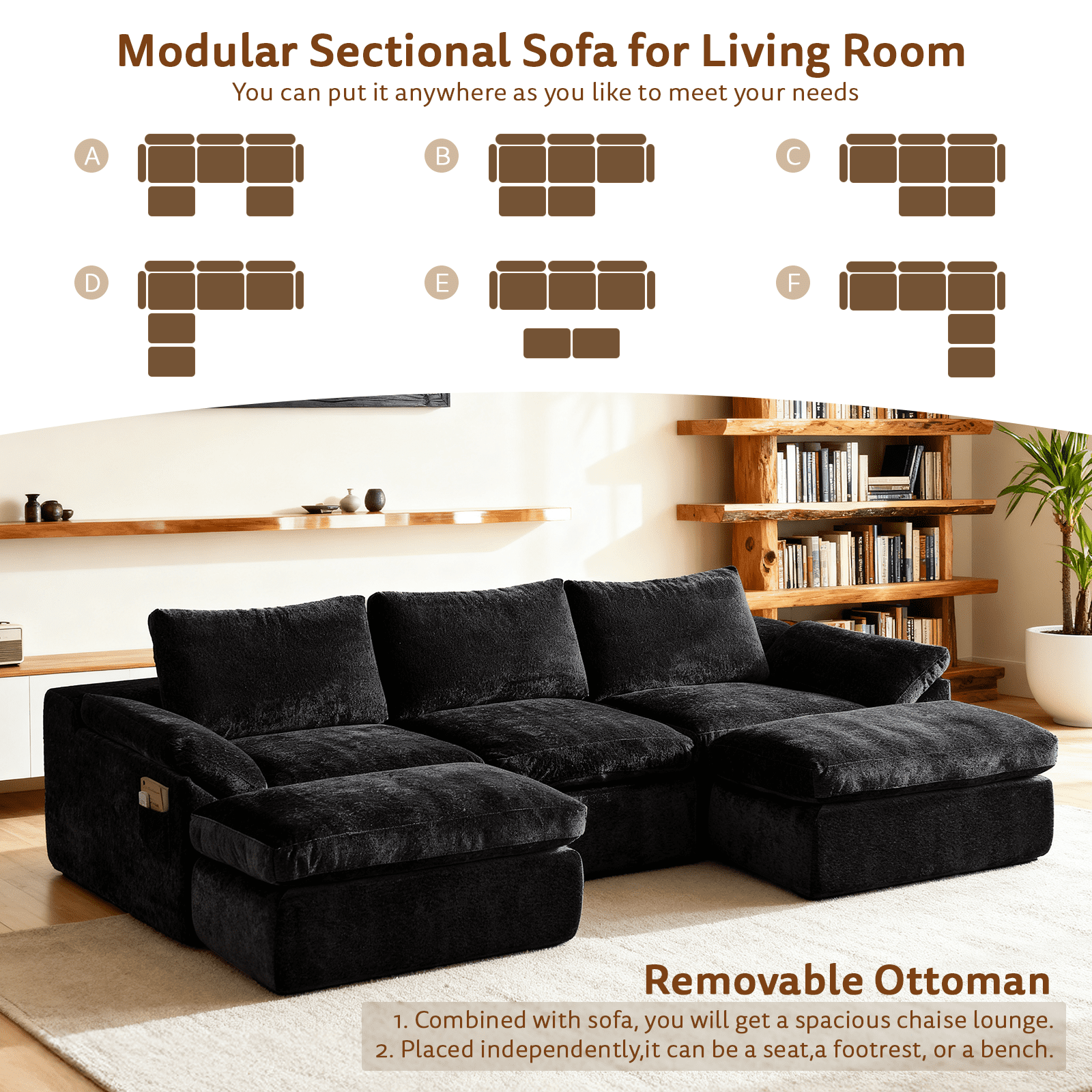 GEMBED 108" Modular Sectional Sofa U Shaped Cloud Couch with Deep Seat and Movable Ottoman Boneless Couches for Living Room, No Assembly Required, Black