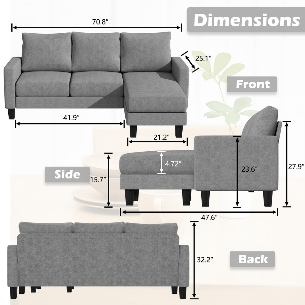 Homall Convertible Sectional Sofa Couch, Modern Linen Fabric L-Shaped Couch 3-Seat Sofa Sectional with Reversible Chaise for Small Living Room, Apartment and Small Space, Light Gray