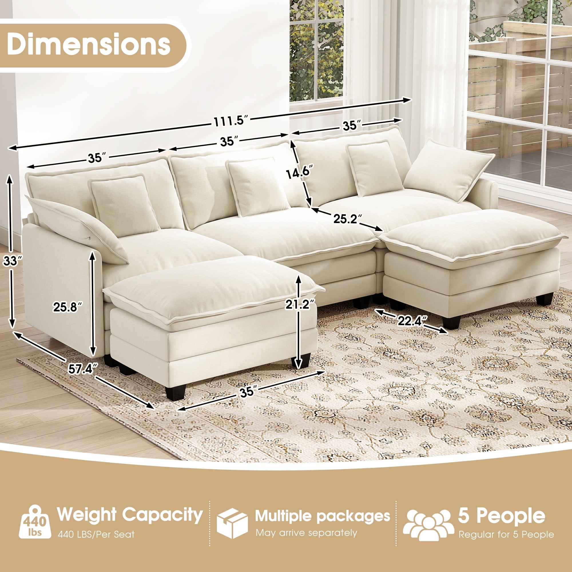 BedLuxury 111.5'' Modular Sectional Sofa with Movable Ottomans, U Shaped Cloud Couch for Living Room, 3-Seat, Beige
