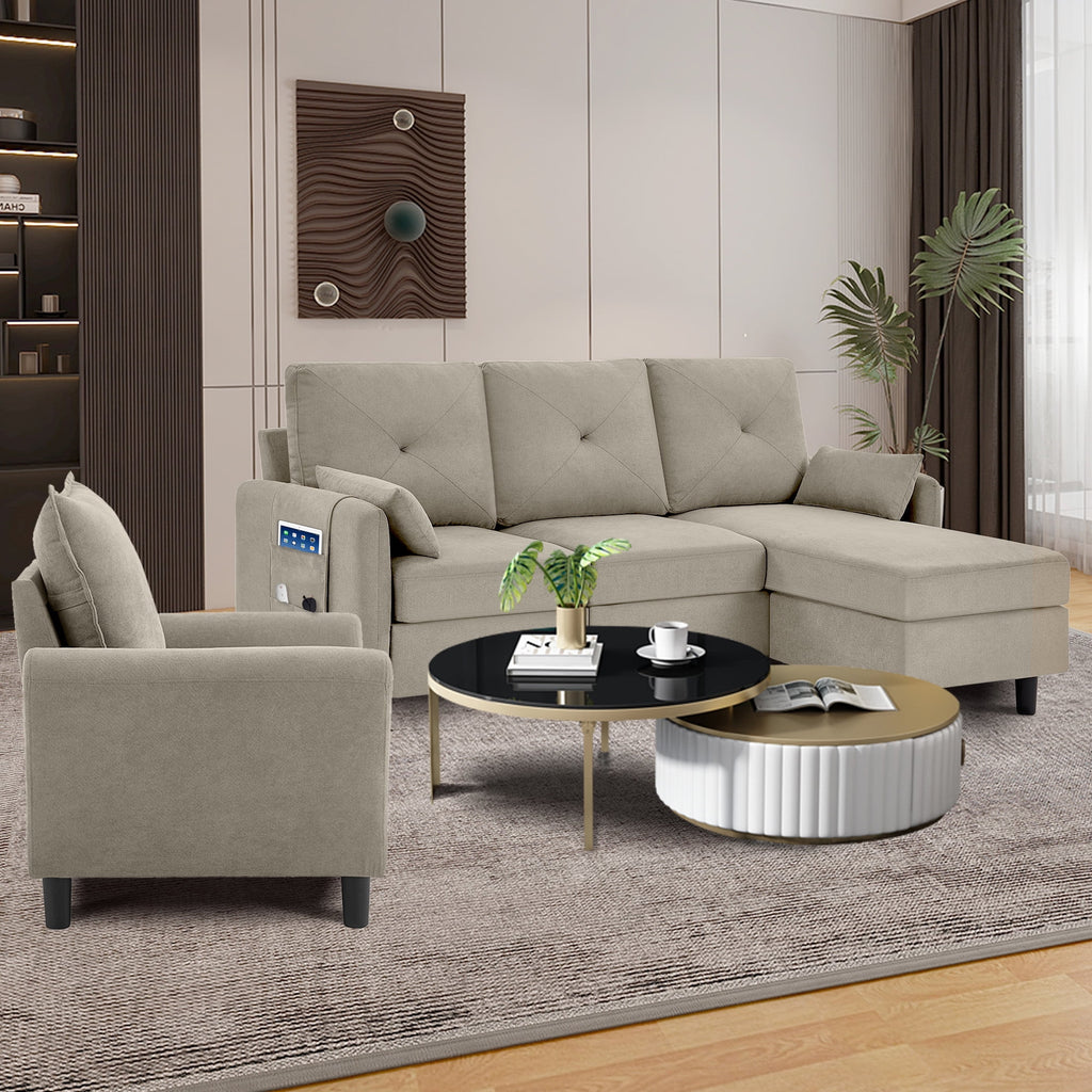 Pingliang Home Sofa Set, Convertible Sectional Sofa & Accent Chair,3 Seat L-Shaped Couch with Reversible Storage Ottoman&Side Pocket, Furniture Set for Living Room Office Apt
