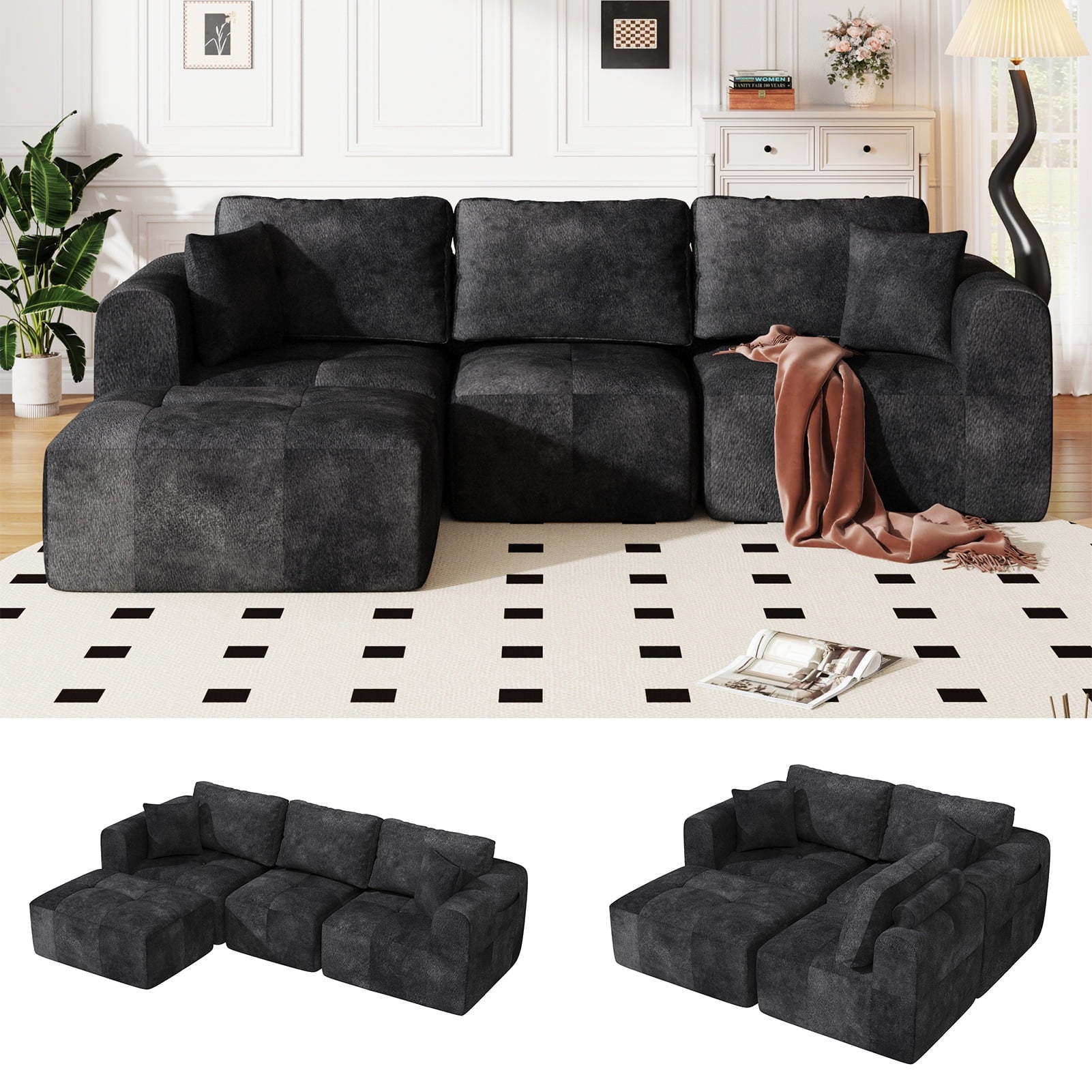 ChVans 110" L-Shaped Sectional Sofa with Convertible Left/Right Ottoman, Boneless Sofa with Oversized Chaise & Layered Cushion, Upholstered Couches for Living Room Bedroom, No Assembly