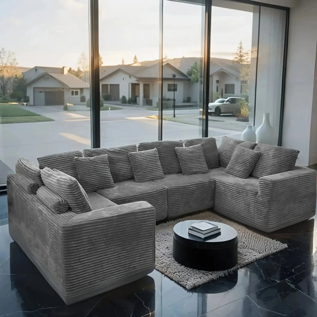 SOULART 135.5 Modular Customizable/L/U-Shape Sofa,Dark Grey Boneless Sectional Couch -  6-Seater Corduroy Couchfor Living Room Furniture