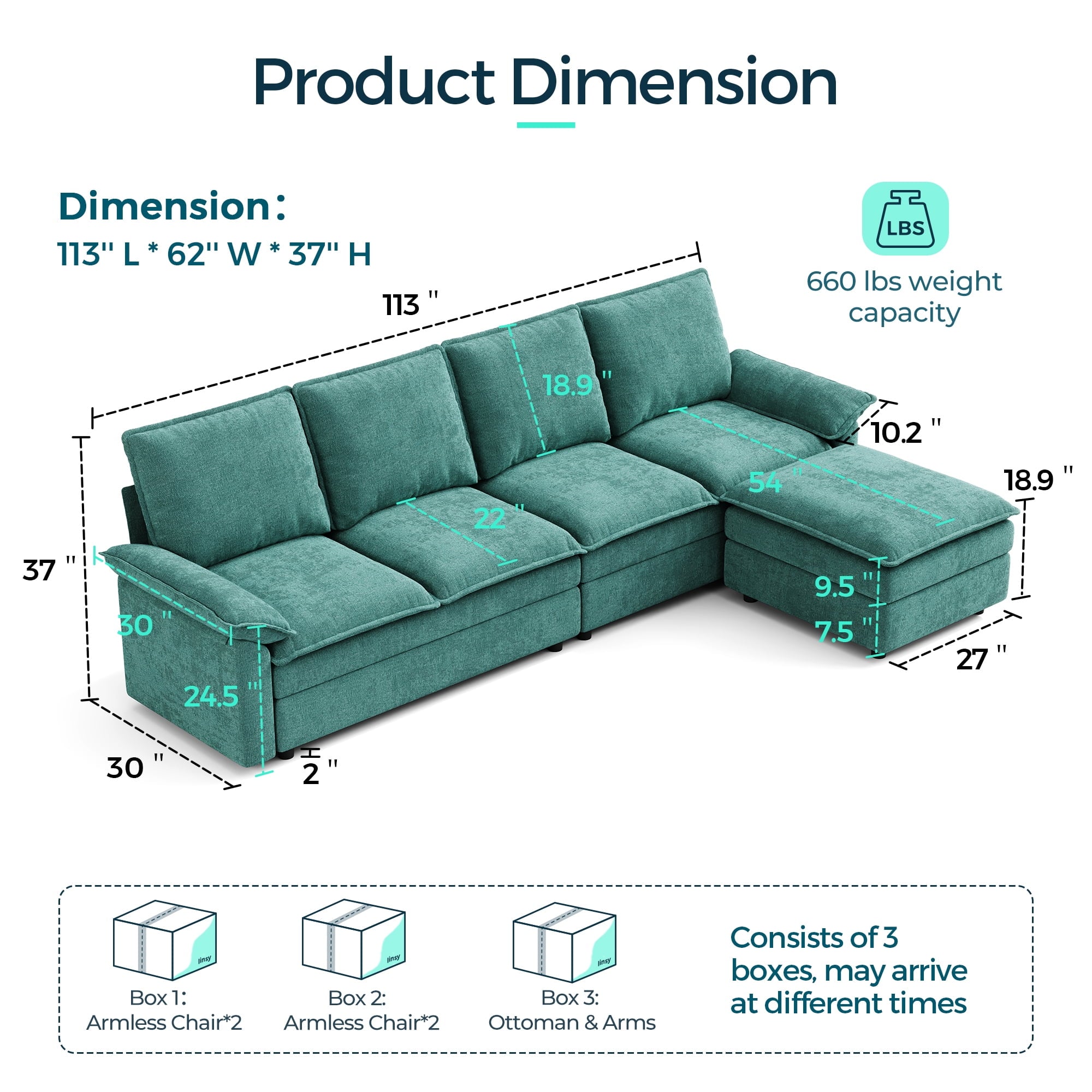 Linsy Home 113" Cloud Sectional Couches for Living Room, L-Shaped Sectional Sofa with Movable Ottoman, Green