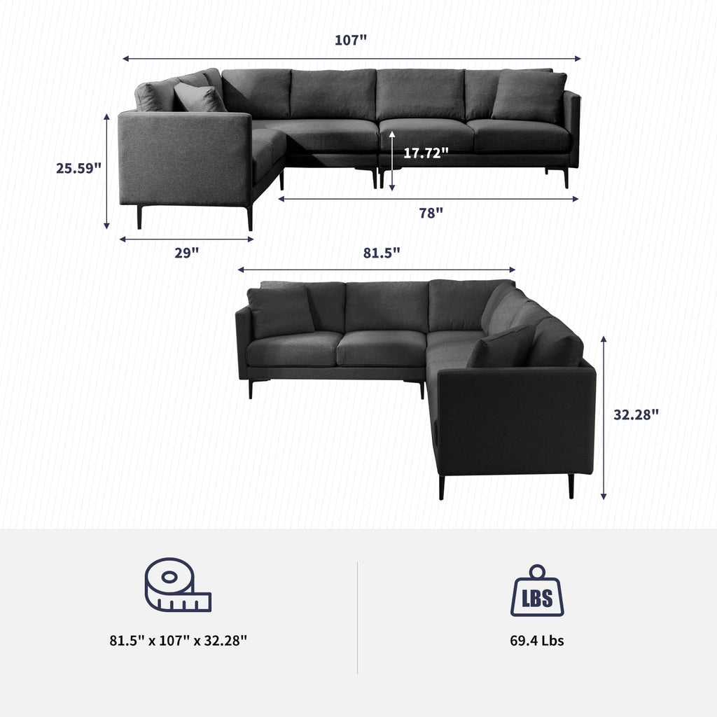 ijuicy L Shaped Sectional Sofa, 6 Seater Corner Modular Sofa, Living Room Furniture Sets - Dark Grey