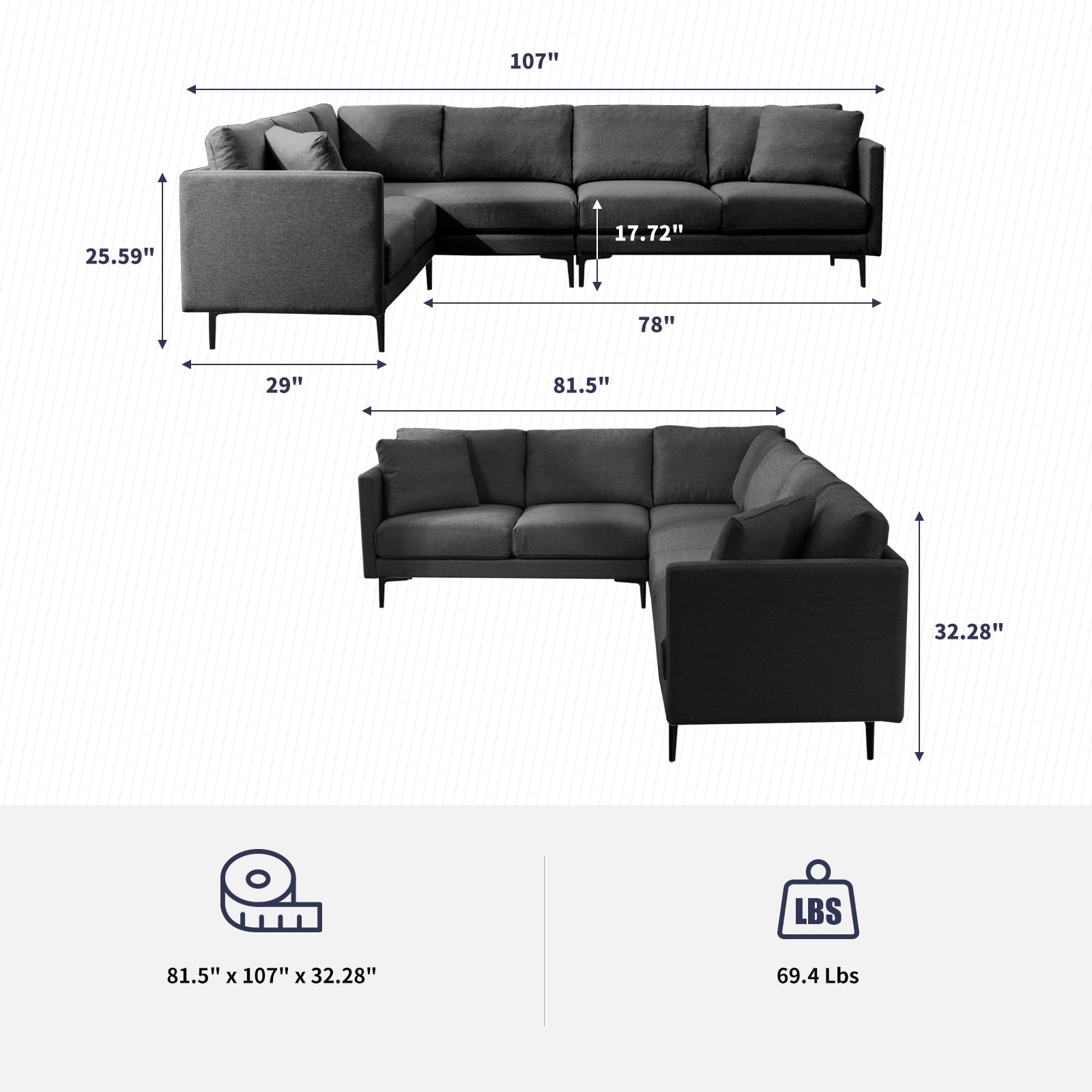ijuicy L Shaped Sectional Sofa, 6 Seater Corner Modular Sofa, Living Room Furniture Sets - Dark Grey