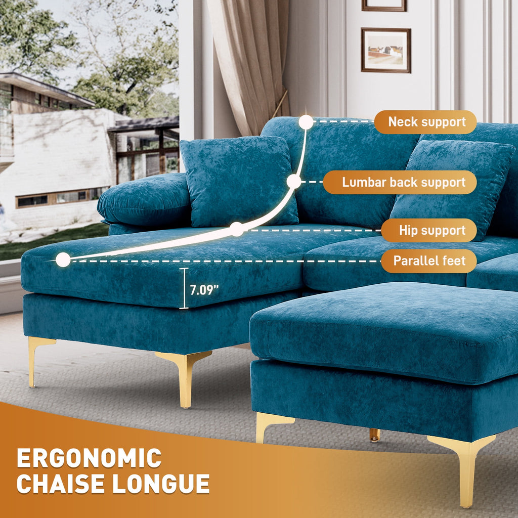 Wiilayok 114" U-Shaped Sectional Sofa,Velvet Modular 4 Seat Sofa Set for Living Room,Convertible L Shaped Sofa Couch Set with Chaise Lounge, Ottoman and Pillows