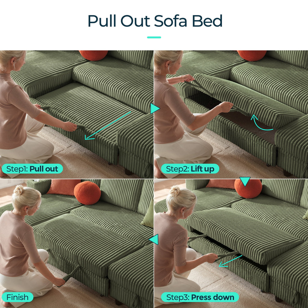 Linsy Home Plush Corduroy Sleeper Sofa Bed with Storage Seat, Pull Out Couch Bed with USB, Cup Holder, Side Pocket, V Shaped Sectional Couches for Living Room, Apartment, Green