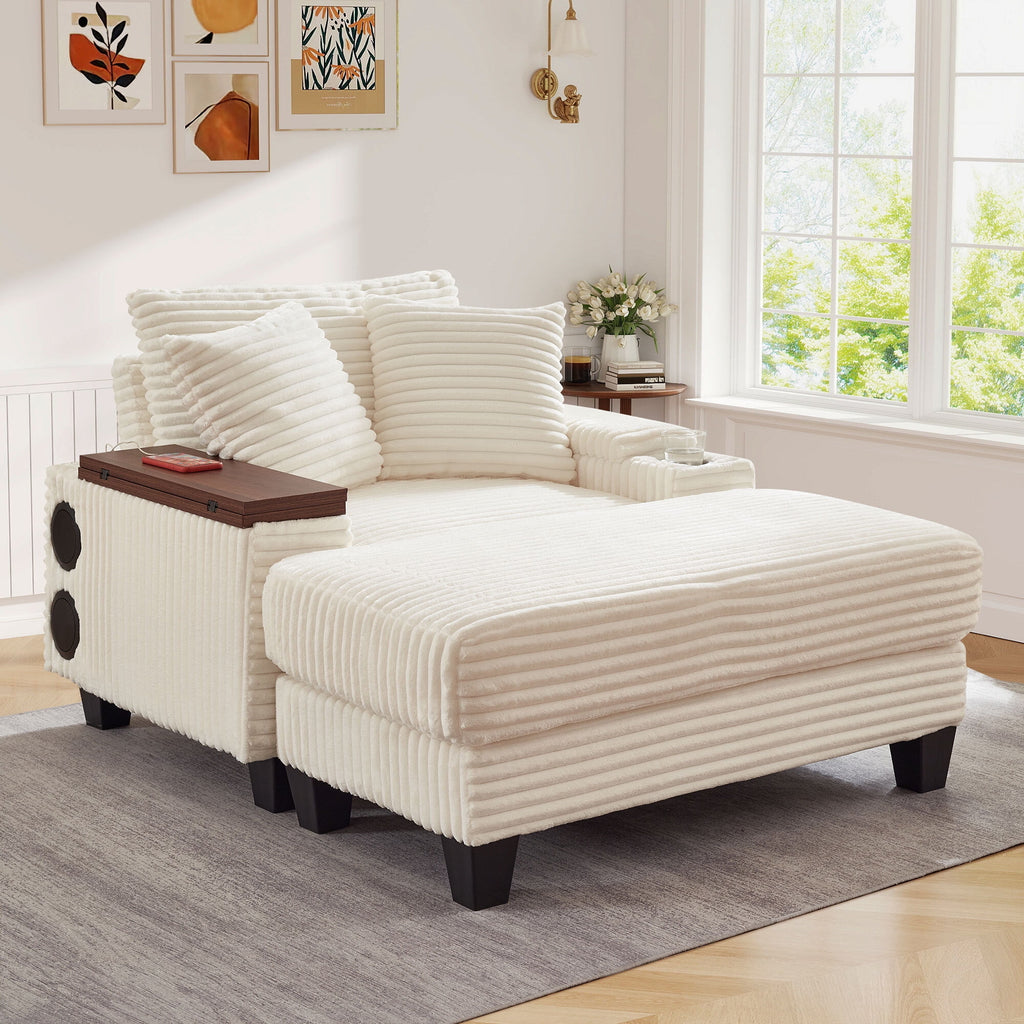 Muumblus Oversized Living Room Chair with Bluetooth Speaker, Ottoman, Rotating Table Board & USB, Cozy Indoor Lounge Reading Armchair, White Corduroy