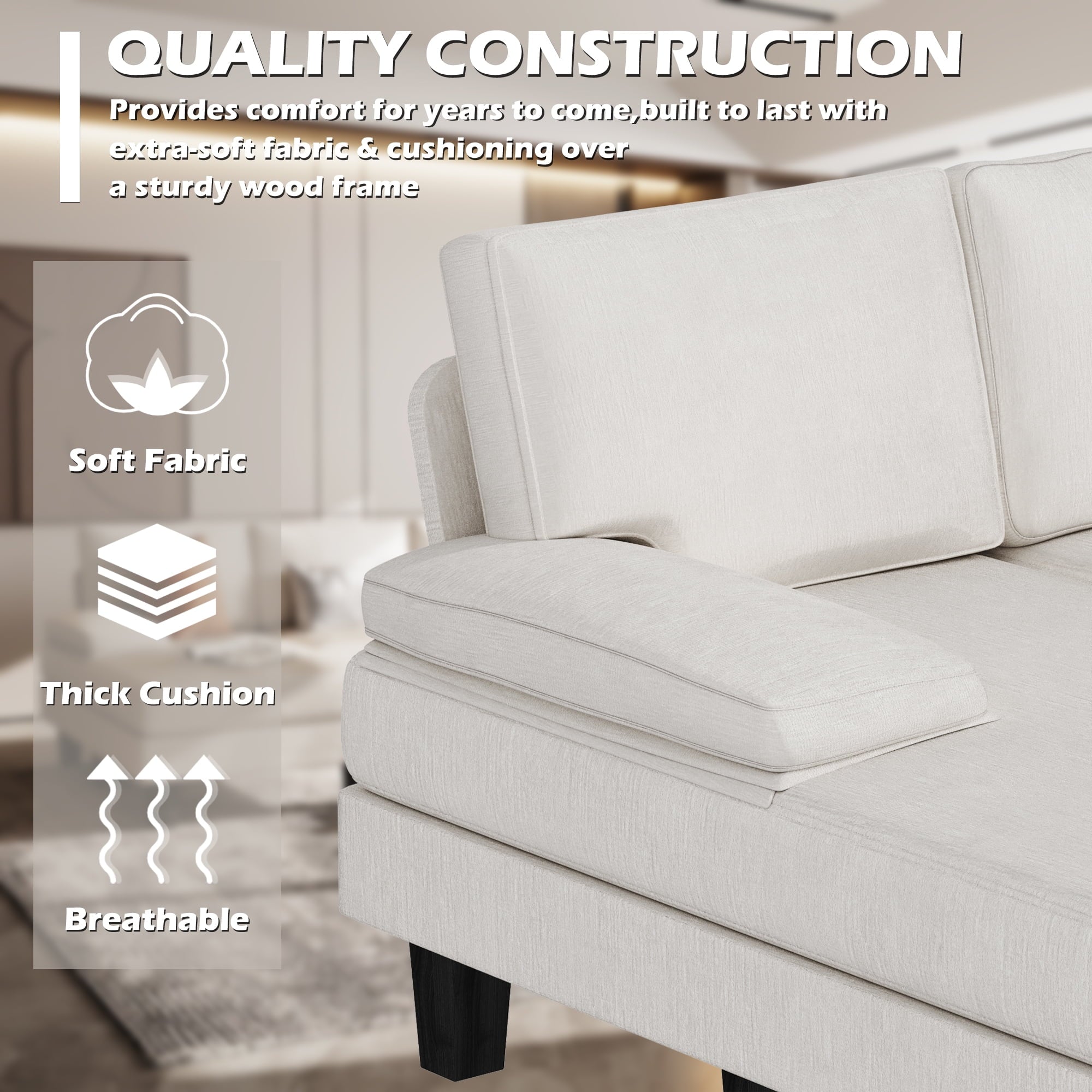 Homall Modern U-Shape Sectional Sofa, Chenille Fabric Modular Couch, 4 Seat Oversized Sofa with Chaise for Living Room, White