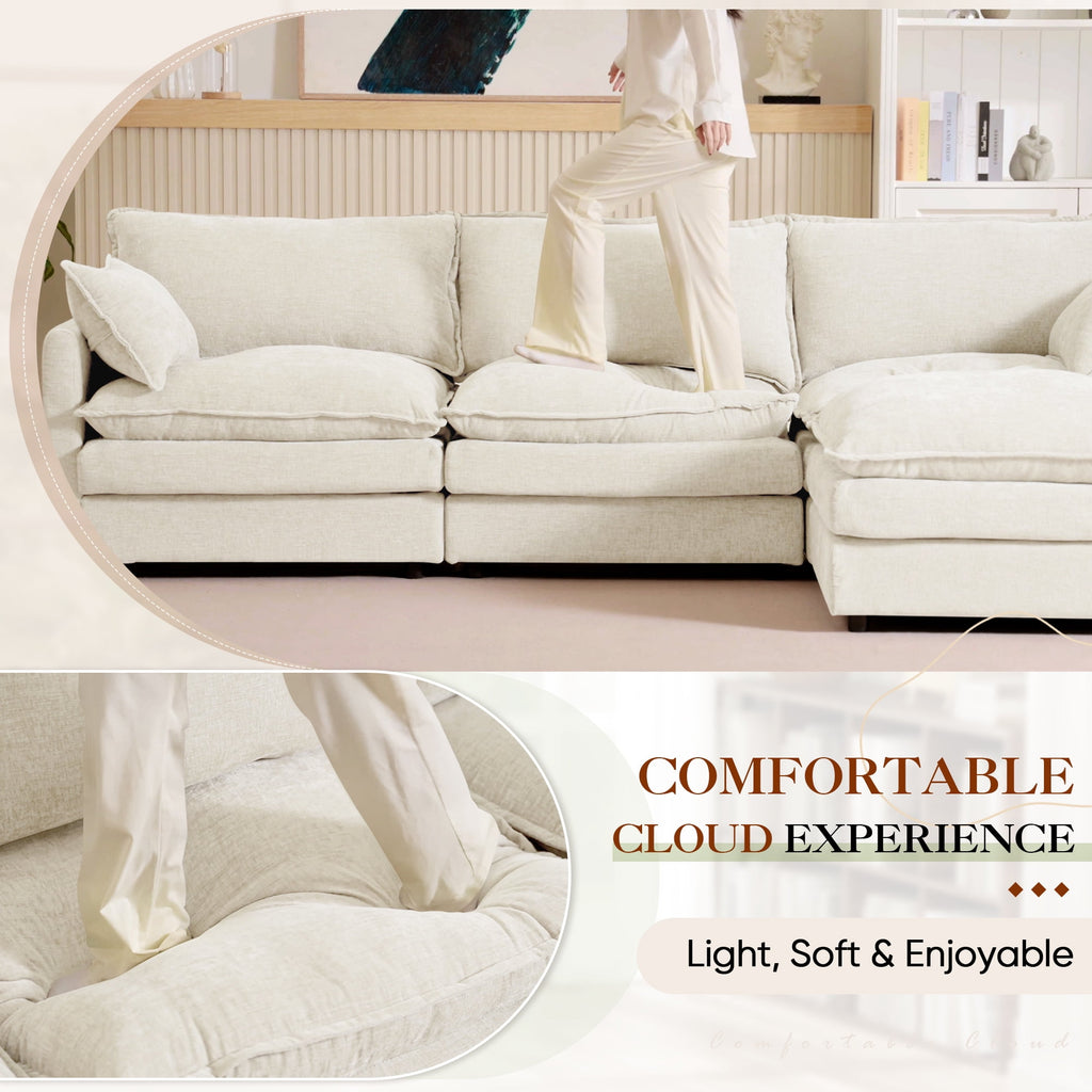 Muumblus Sectional Sofa Cloud Couch with Reversible Ottoman, L-Shaped Chenille Sofa for Living Rooms, Beige
