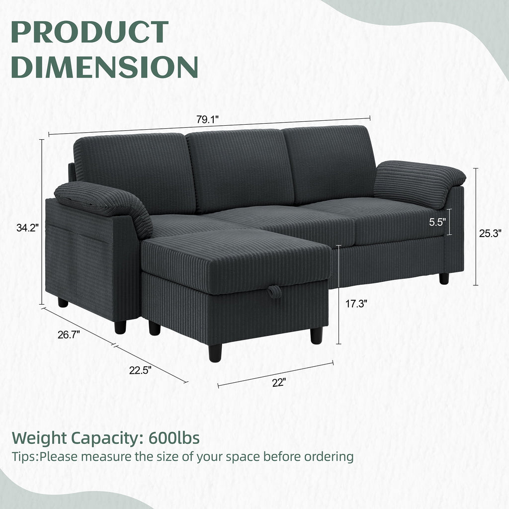 Sobaniilo 79.1" Sectional Sofa with Movable Storage Ottoman, L-Shaped Convertible Sofa Couch for Small Living Room, Dark Gray