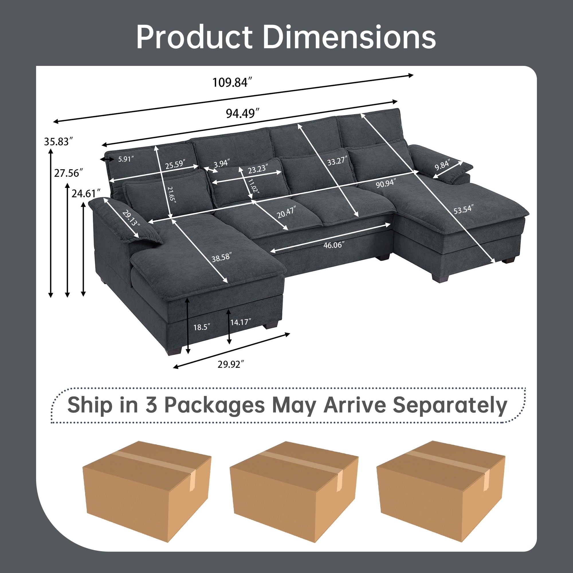 Pingliang Home 109.8" Oversized U Shaped Couch,4 Seat Sectional Sofa with 4 Lumbar Pillow,Upholstered Symmetrical Cloud Couch with Double Chaise,Wrap Around Sofa for Living Room Apartment Office,Gray