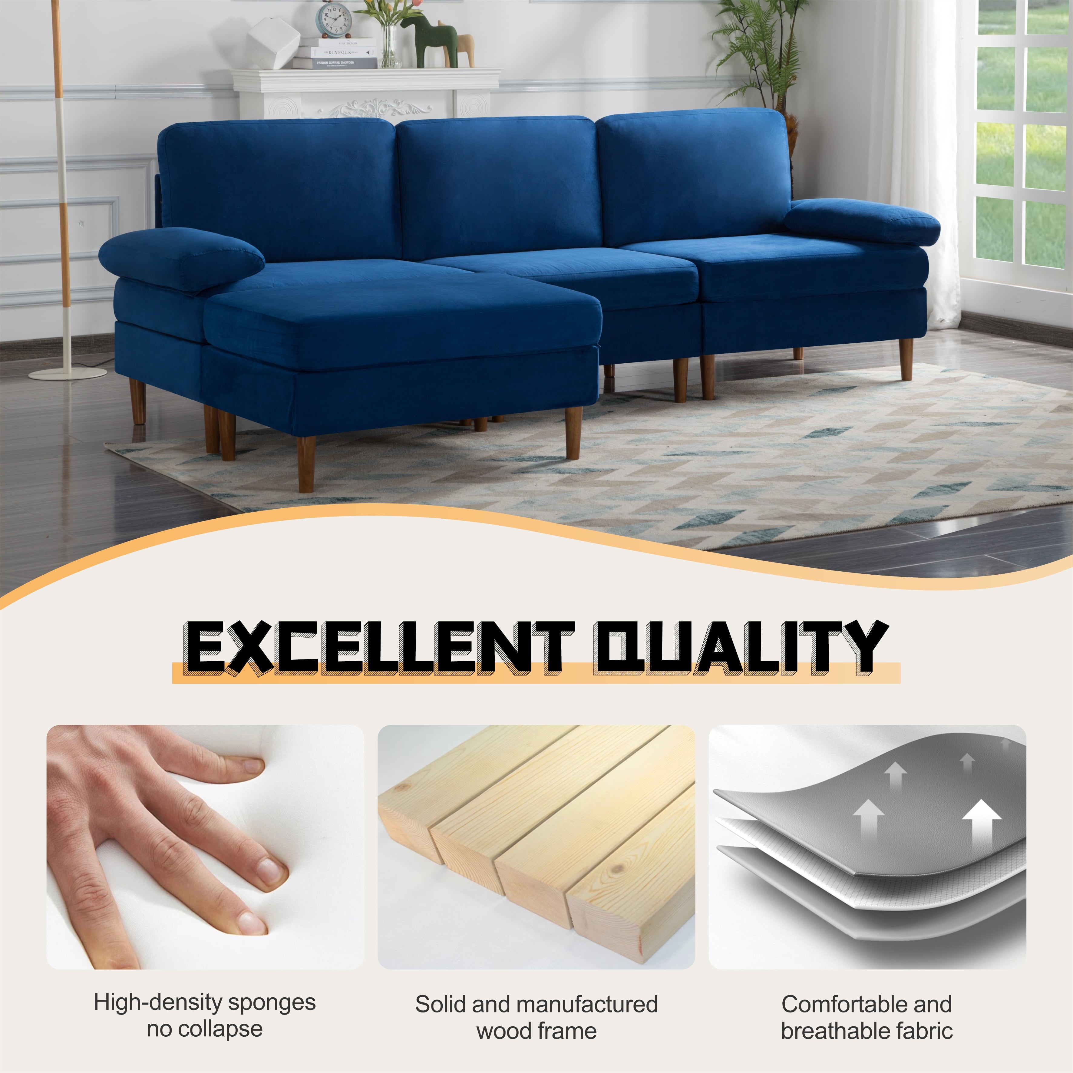 Gewnee Modern Sectional Sofa,L-shaped sofa with Movable Ottoman,Velvet Deep-Set sofa,Suitable for Living Rooms and Apartments(Navy Blue)