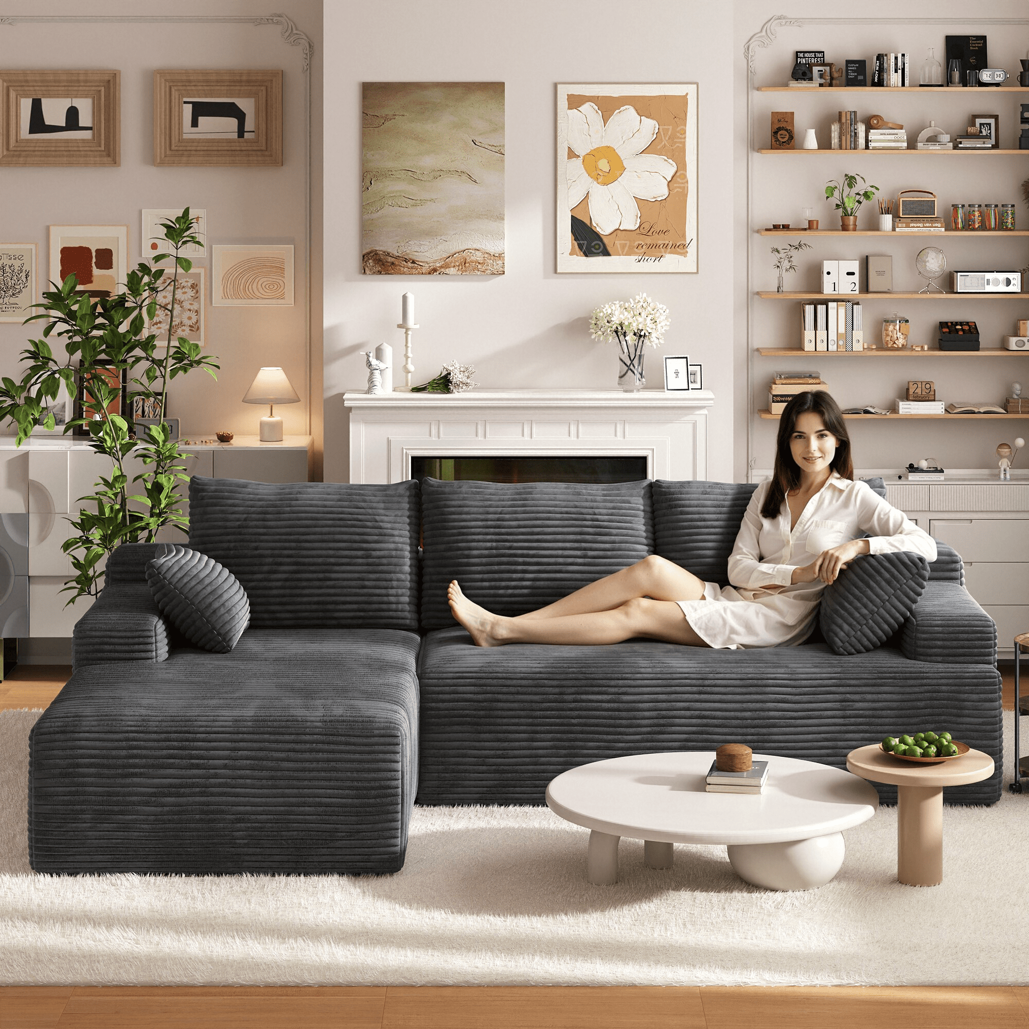 104" Cloud Sectional Couch with L-Shape Chaise, Modern Modular Sofa with Deep Seat, Upholstered Couches with Back Cushion for Living Room Bedroom, No Assembly Required, Black Grey (Corduroy Fabric)