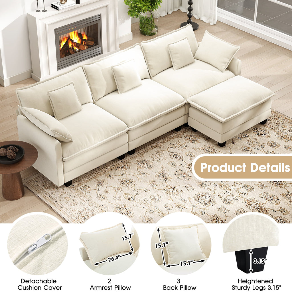 BedLuxury 111.5'' Modular Sectional Sofa with Movable Ottoman, L Shaped Cloud Couch for Living Room, 3-Seat, Beige