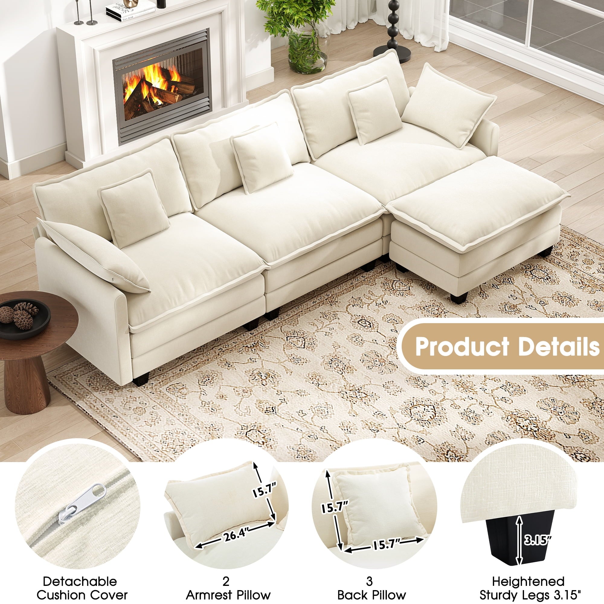 BedLuxury 111.5'' Modular Sectional Sofa with Movable Ottoman, L Shaped Cloud Couch for Living Room, 3-Seat, Beige