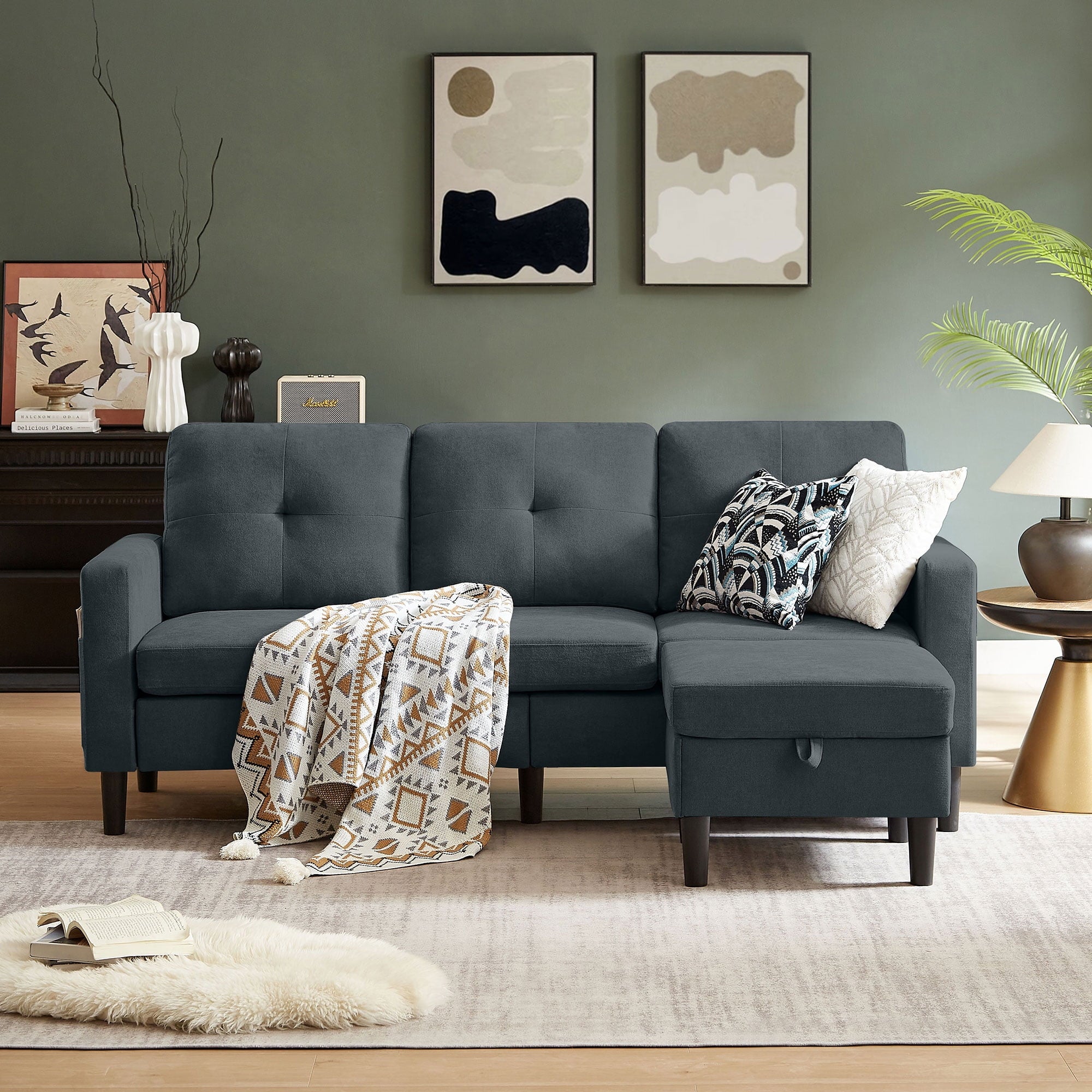 Pingliang Home Convertible Sectional Sofa with Footstool Living Room Sofa Couch with Storage Ottoman and Side Pockets,Modern 3 Seat L Shaped Couches