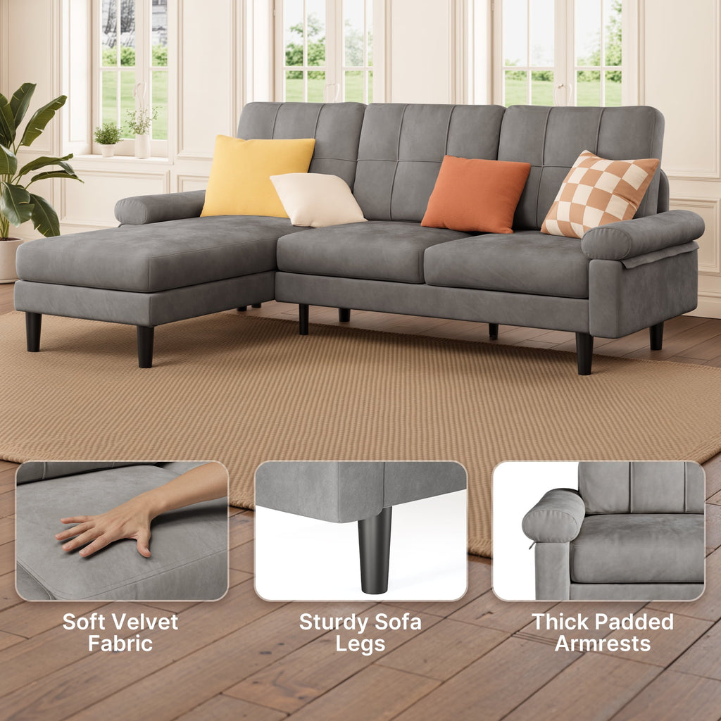 82"L-Shaped Couch, Lofka Sectional Sofa with 4" Thick Cushions, Soft Velvet 3 Seats Couches for Living Room, Apartment and Small Space, Dark Grey Couch