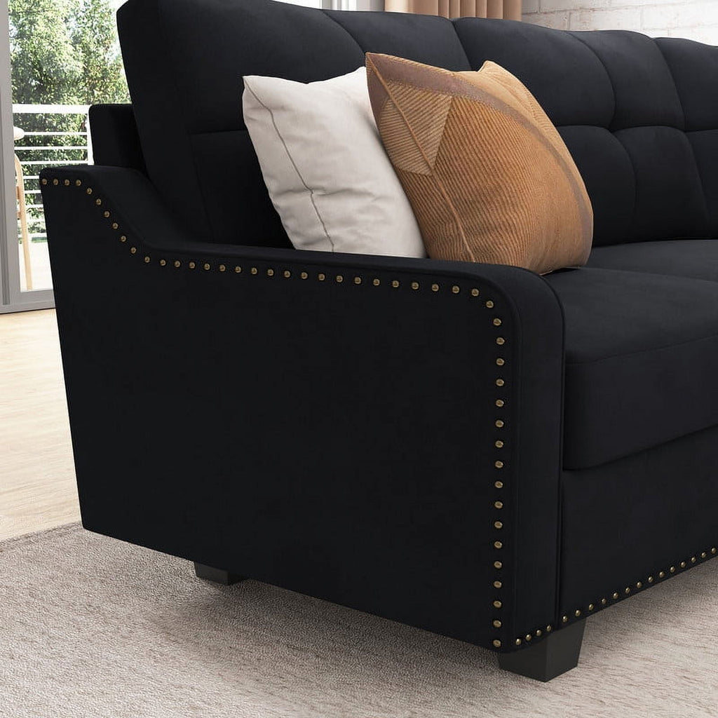 HONBAY Modern Convertible Sectional Sofa Velvet Corner Sofa Couch for Living Room in Black