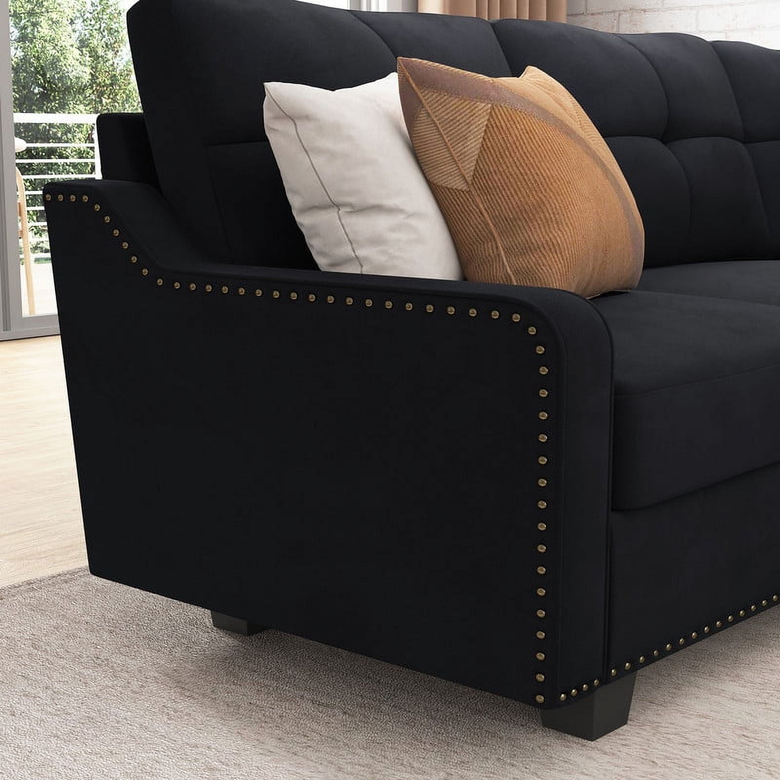 HONBAY Modern Convertible Sectional Sofa Velvet Corner Sofa Couch for Living Room in Black