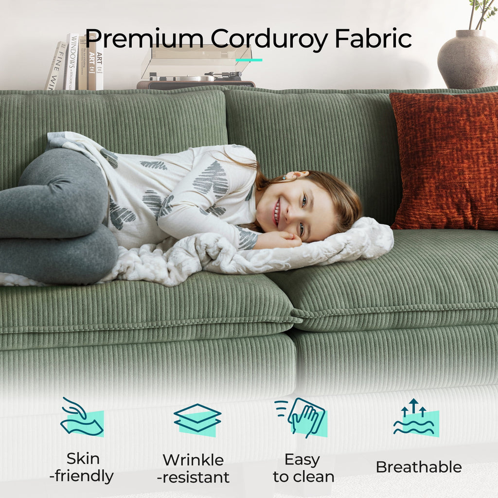 Linsy Home 123" Cloud Modular Sectional Sofa for Living Room, L-Shaped Cloud Sofa Couch with Corduroy Fabric, 3 Seat Oversized Couch with Movable Ottoman, Green