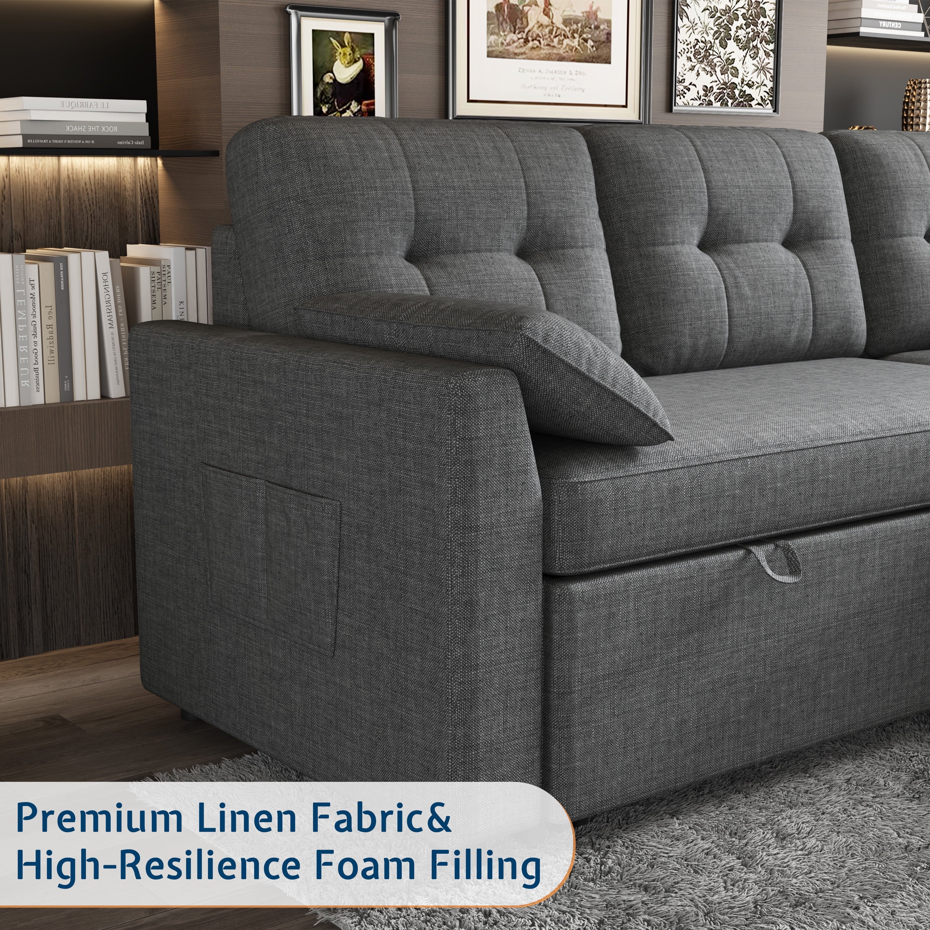 VANACC Sectional Sofa Bed with Storage and Soft Seat ,Reversible Pull Out Couch for Living Room,Gray