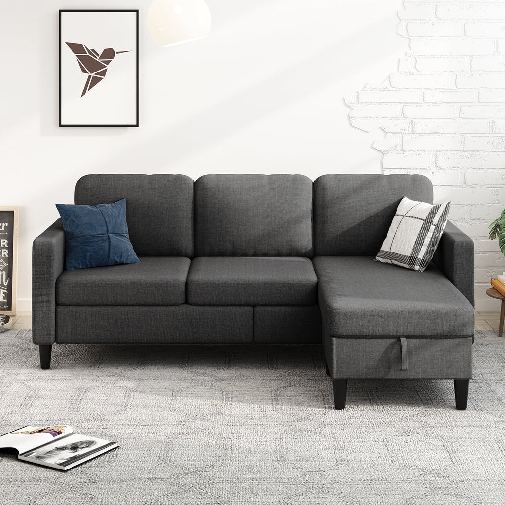 MUZZ 76" Small Space Sectional Sofa with Storage – L-Shaped with Storage Ottoman & Movable Modules, Dark Grey Linen Living Room Couch