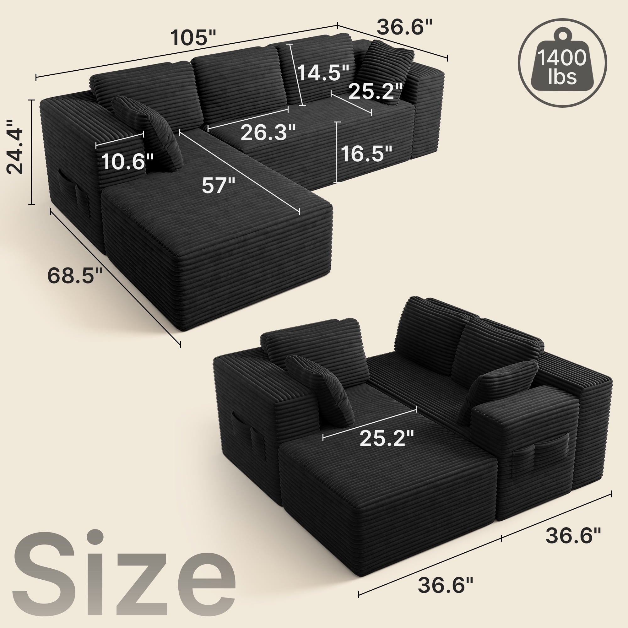 Lofka 105" Cloud L-Shaped Sectional Sofa and Couch with Movable Ottoman and Soft Seats for Living Room, No Assembly Required, Black (Plush Corduroy Fabric)