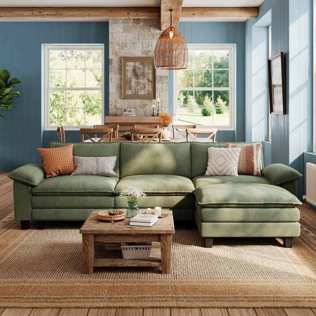 Linsy Home 123" Cloud Modular Sectional Sofa for Living Room, L-Shaped Cloud Sofa Couch with Corduroy Fabric, 3 Seat Oversized Couch with Movable Ottoman, Green