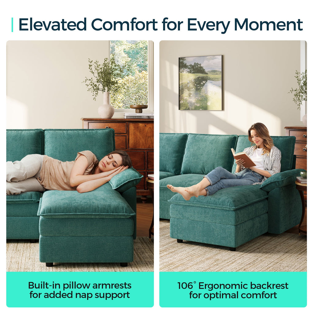 Linsy Home 113" Cloud Sectional Couches for Living Room, L-Shaped Sectional Sofa with Movable Ottoman, Green