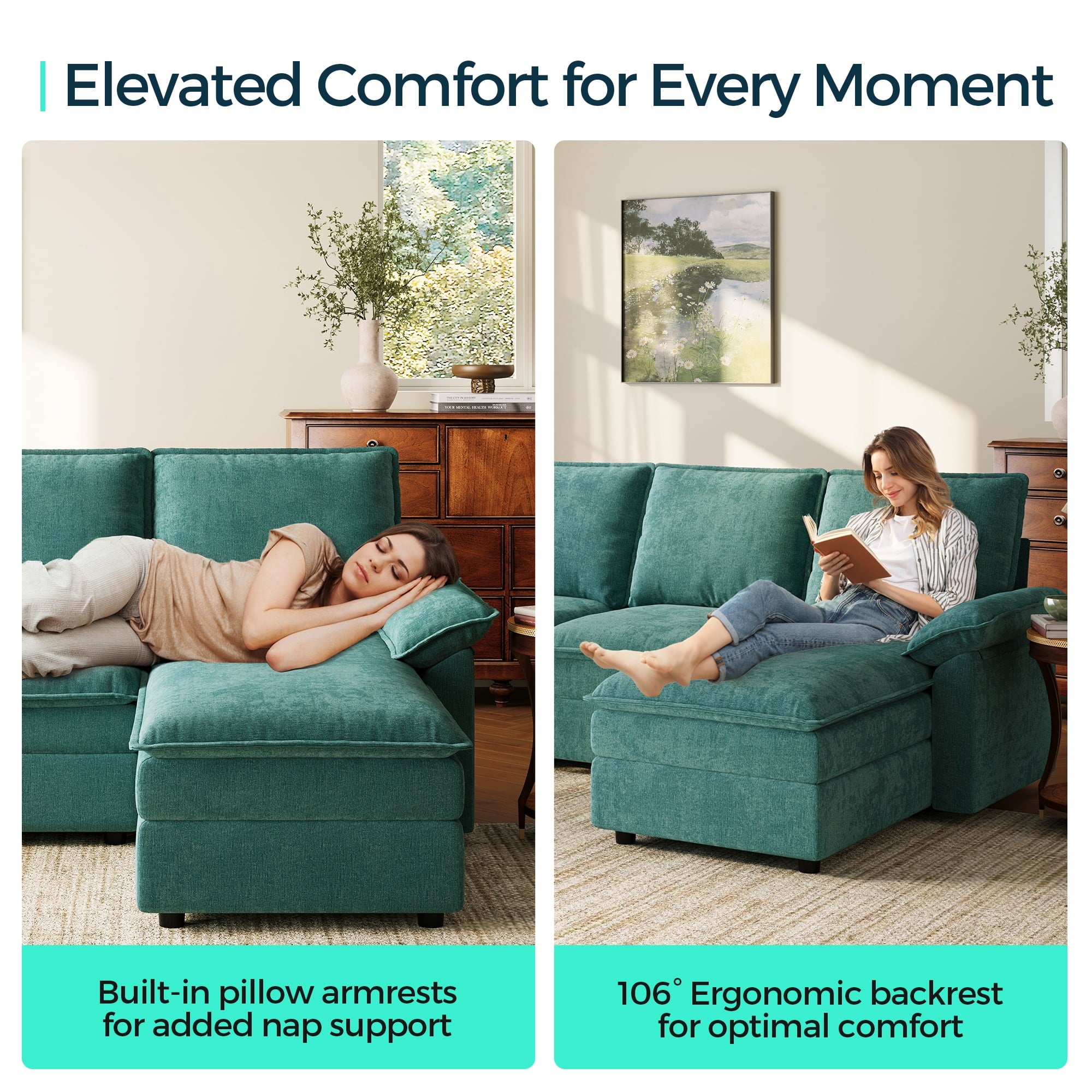 Linsy Home 113" Cloud Sectional Couches for Living Room, L-Shaped Sectional Sofa with Movable Ottoman, Green