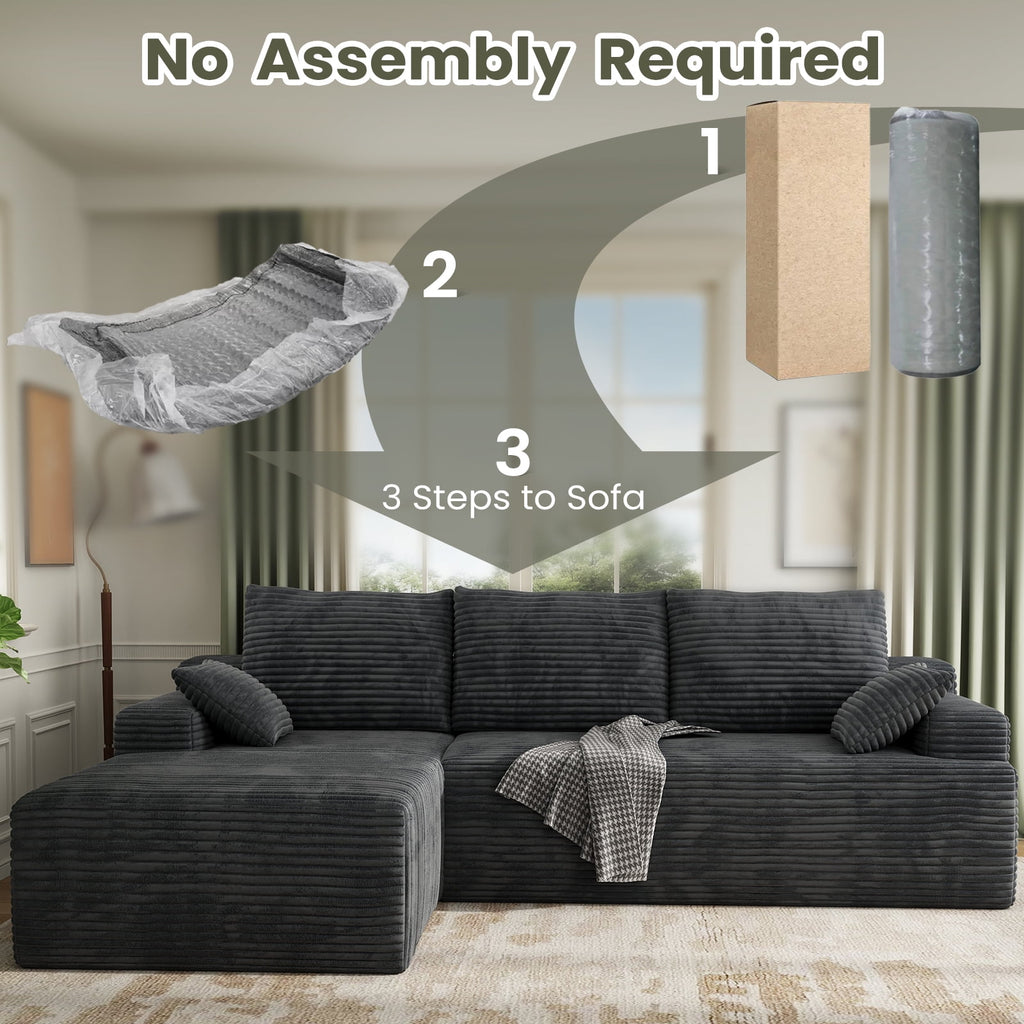 104" Cloud Sectional Couch with L-Shape Chaise, Modern Modular Sofa with Deep Seat, Upholstered Couches with Back Cushion for Living Room Bedroom, No Assembly Required, Black Grey (Corduroy Fabric)