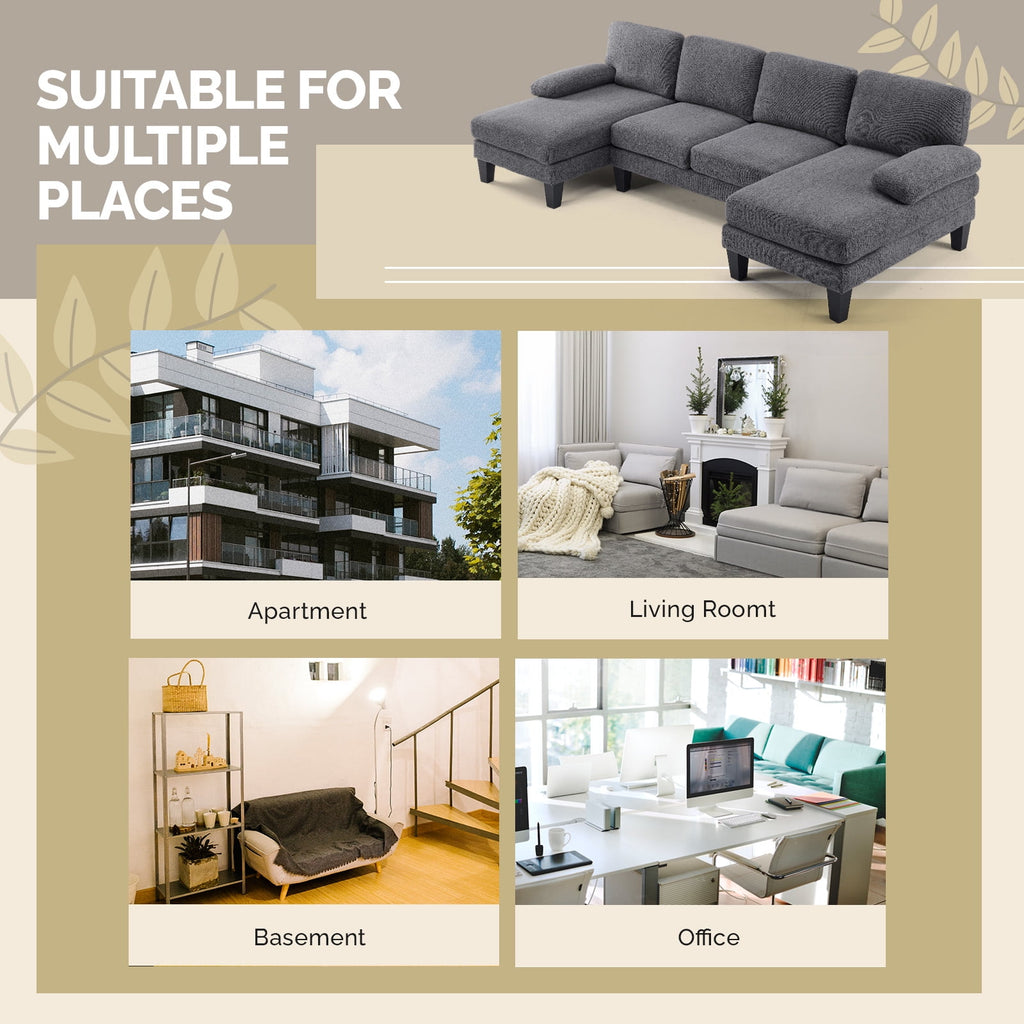 Ktaxon Sectional Sofa Set, U-Shaped Blended Chenille Couch, 4 Seat Lounge Sleeper with Chaise for Living Room Home Furniture Dark Gray