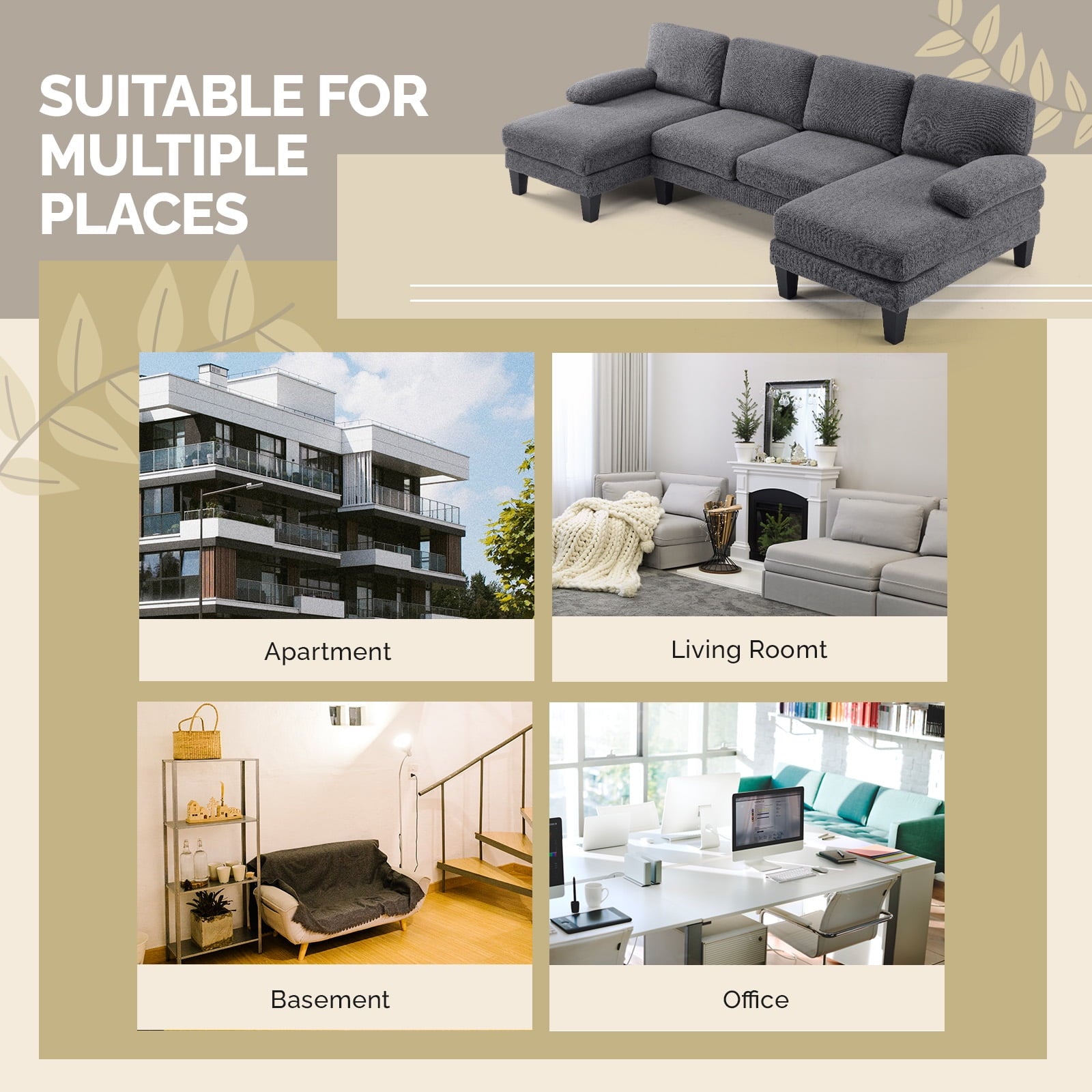 Ktaxon Sectional Sofa Set, U-Shaped Blended Chenille Couch, 4 Seat Lounge Sleeper with Chaise for Living Room Home Furniture Dark Gray