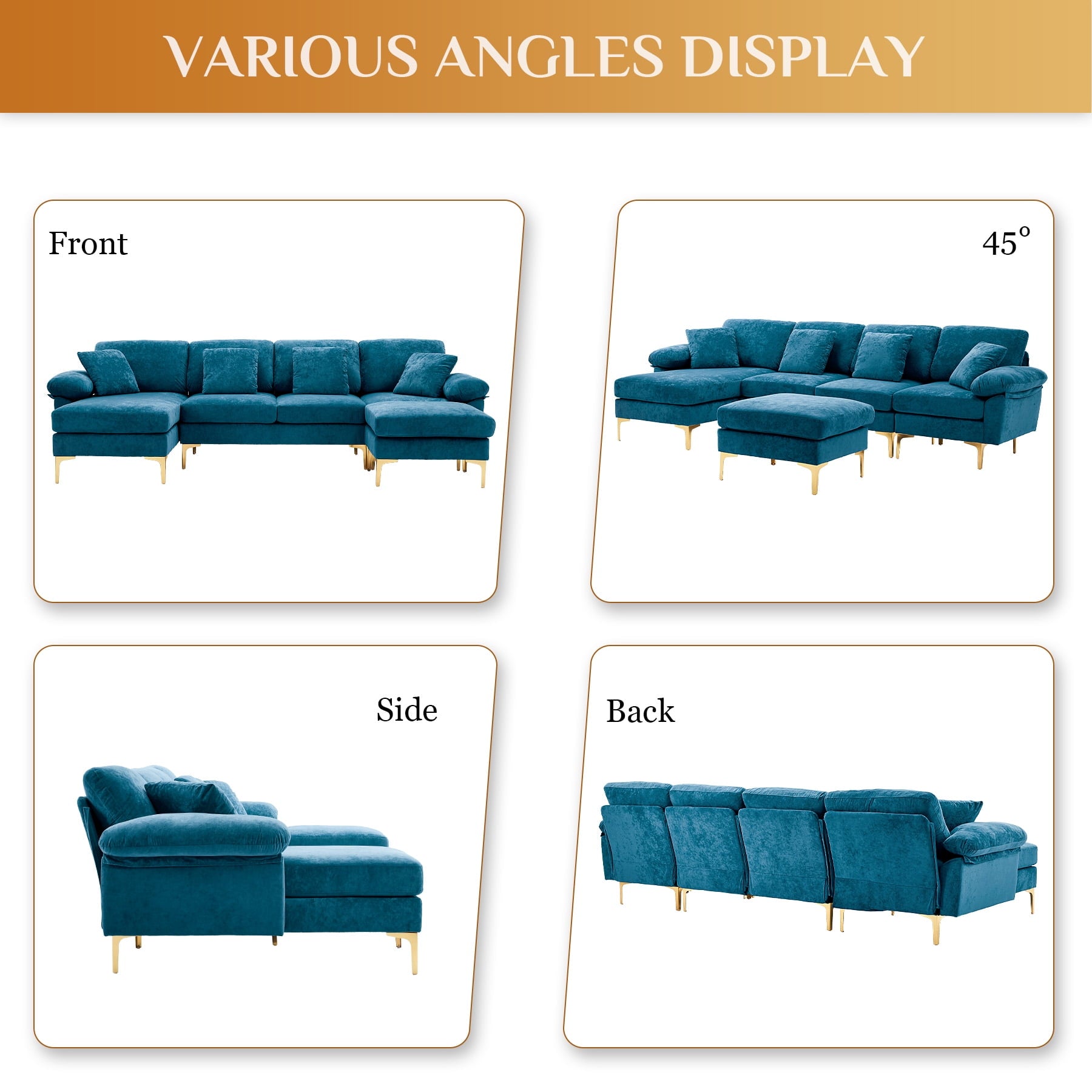 Wiilayok 114" U-Shaped Sectional Sofa,Velvet Modular 4 Seat Sofa Set for Living Room,Convertible L Shaped Sofa Couch Set with Chaise Lounge, Ottoman and Pillows