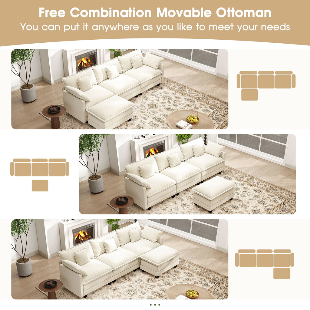 BedLuxury 111.5'' Modular Sectional Sofa with Movable Ottoman, L Shaped Cloud Couch for Living Room, 3-Seat, Beige