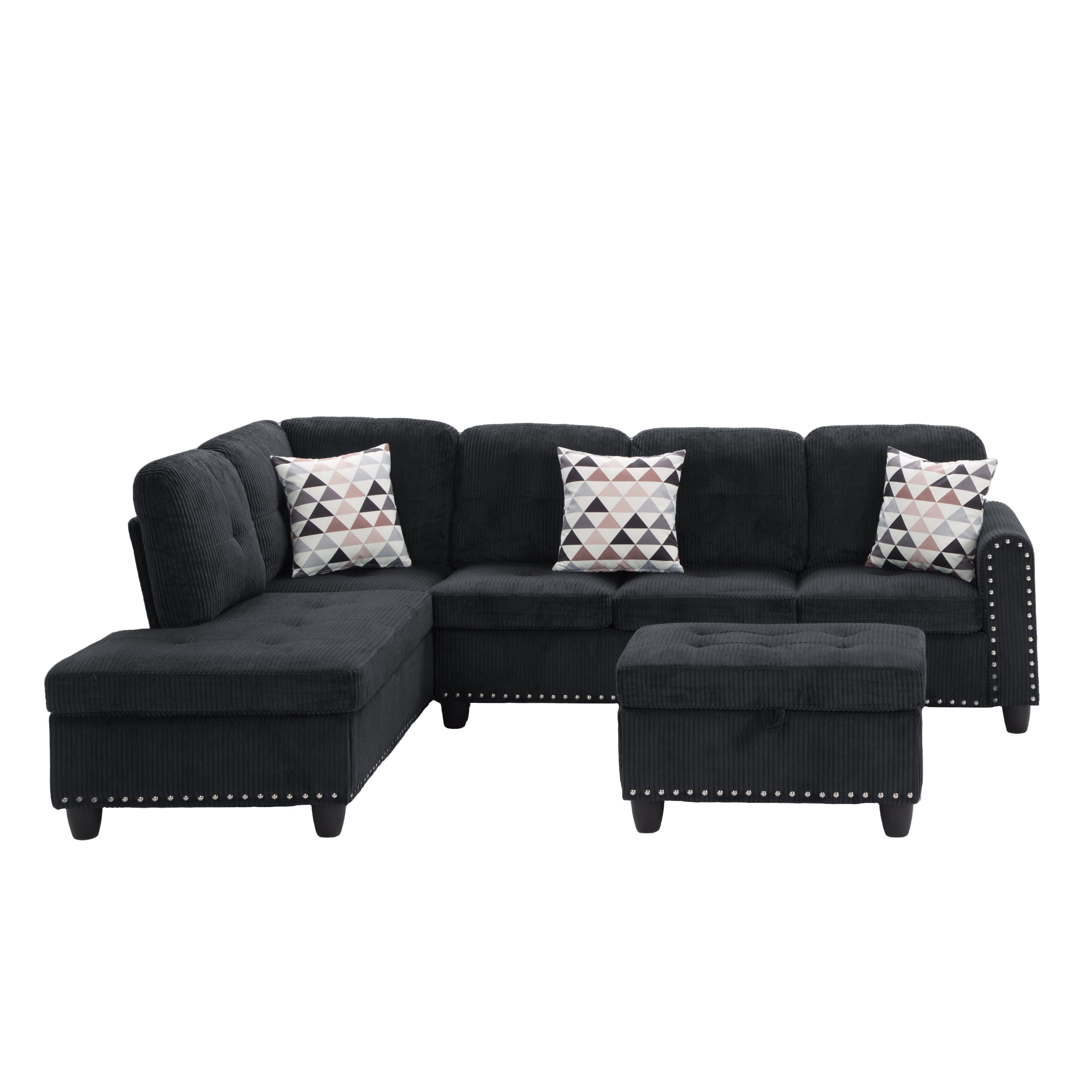 Gewnee 94.49" L-shaped Modular Fabric Sofa Set with Storage Ottoman and Cup Holders & throw pillows.Suitable for Living Rooms,Offices and Reception Rooms.Black