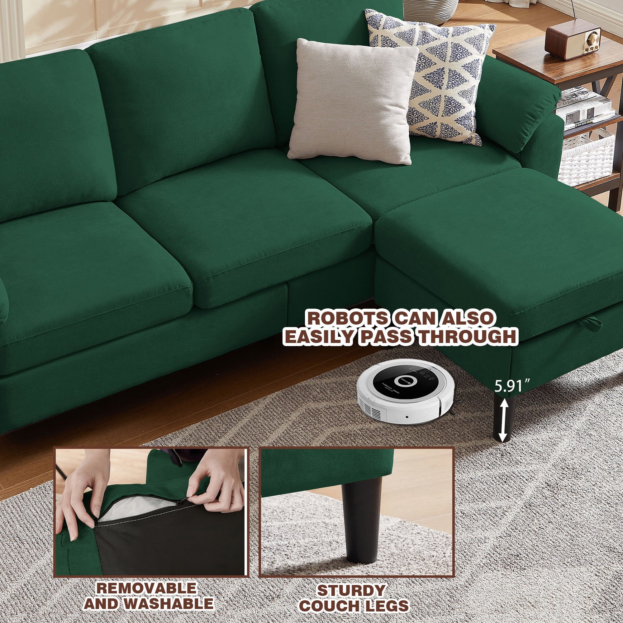 Soscana Living Room Furniture 2 Piece Set,Sectional Sofa Couch with Storage Ottoman and Double Seater Loveseat,Green