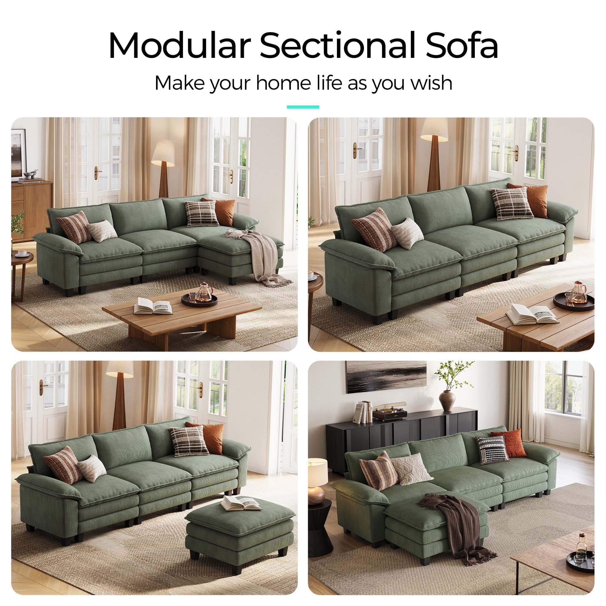 Linsy Home 123" Cloud Modular Sectional Sofa for Living Room, L-Shaped Cloud Sofa Couch with Corduroy Fabric, 3 Seat Oversized Couch with Movable Ottoman, Green