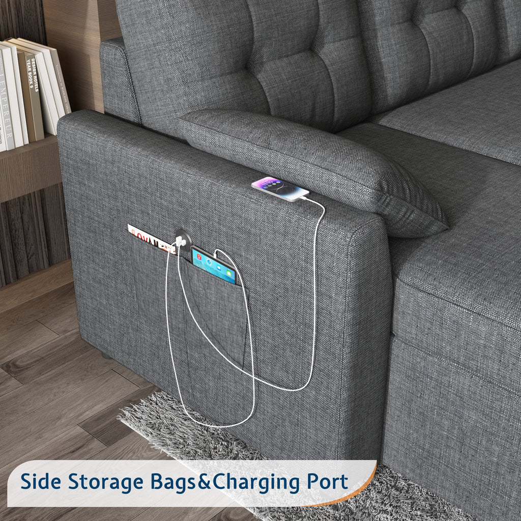 VANACC Sectional Sofa Bed with Storage and Soft Seat ,Reversible Pull Out Couch for Living Room,Gray