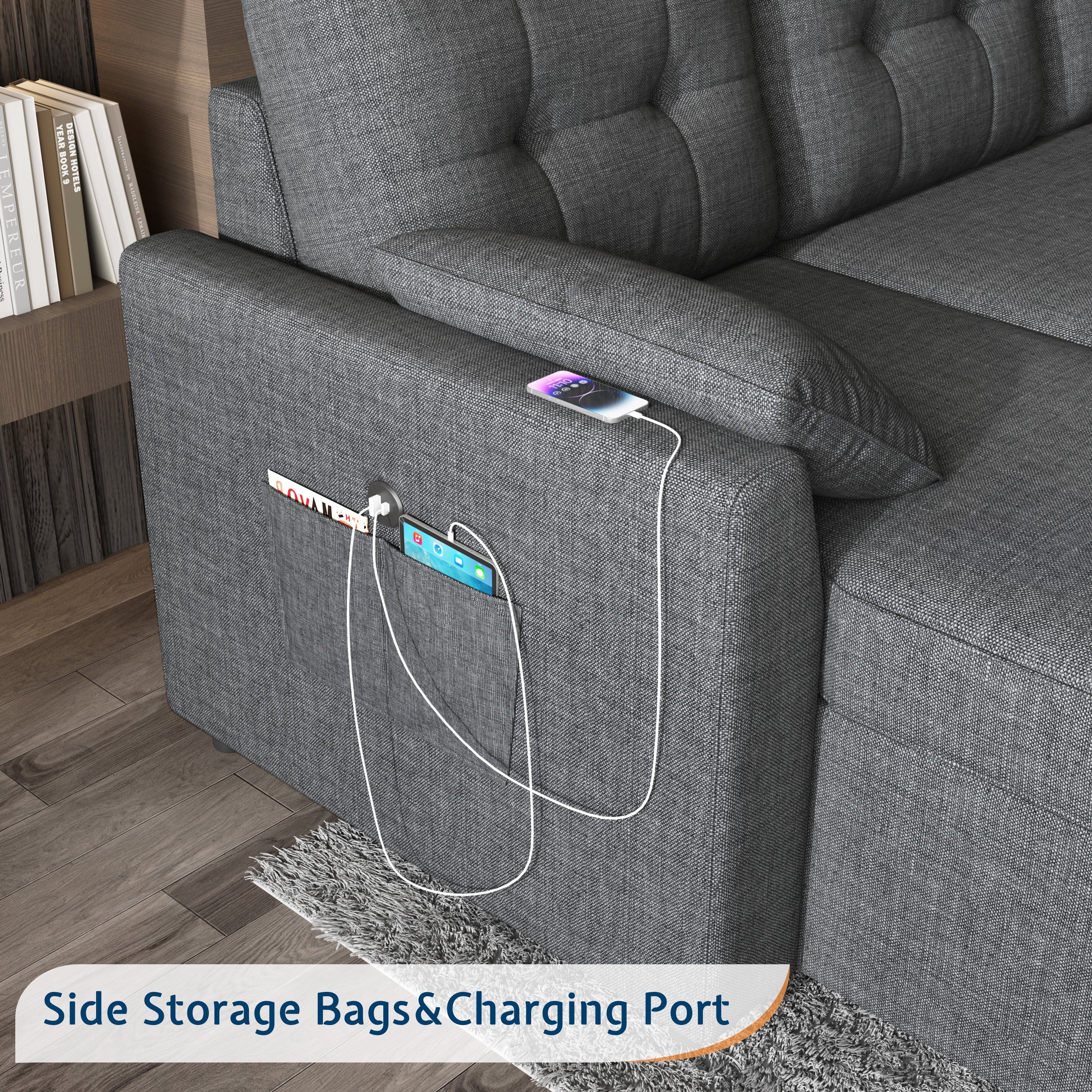 VANACC Sectional Sofa Bed with Storage and Soft Seat ,Reversible Pull Out Couch for Living Room,Gray