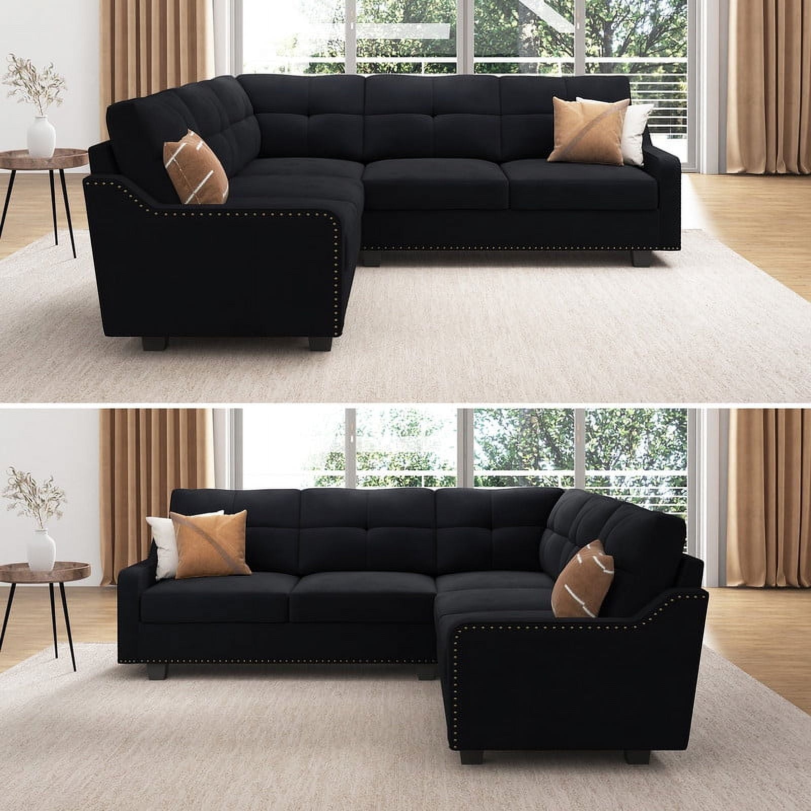HONBAY Modern Convertible Sectional Sofa Velvet Corner Sofa Couch for Living Room in Black