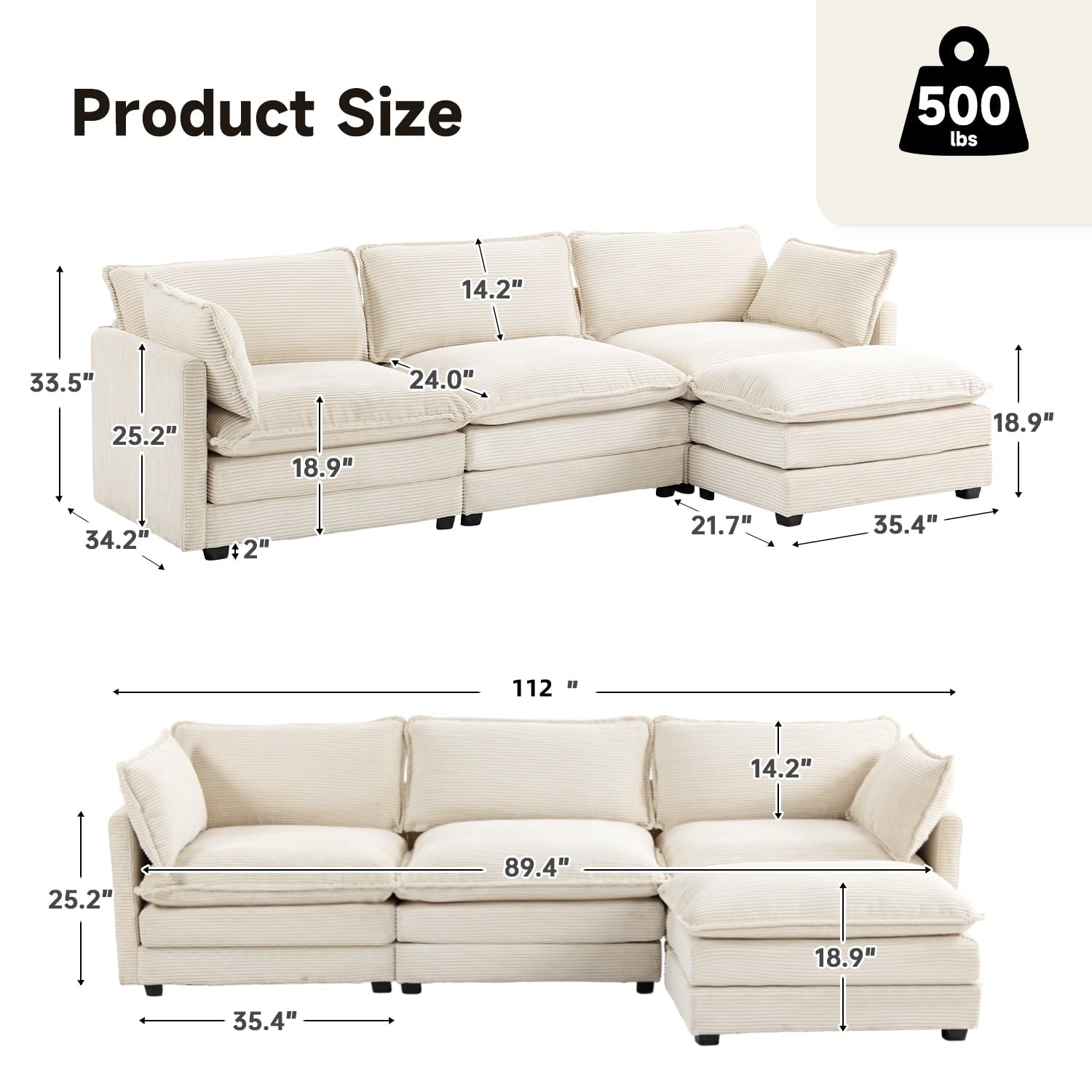 JUSTLET Sectional Sofa with Ottoman, L Shaped Corduroy Cloud Couch with Chaise, Modular Sectional Sofa Sleeper Furniture Set for Living Room, Beige