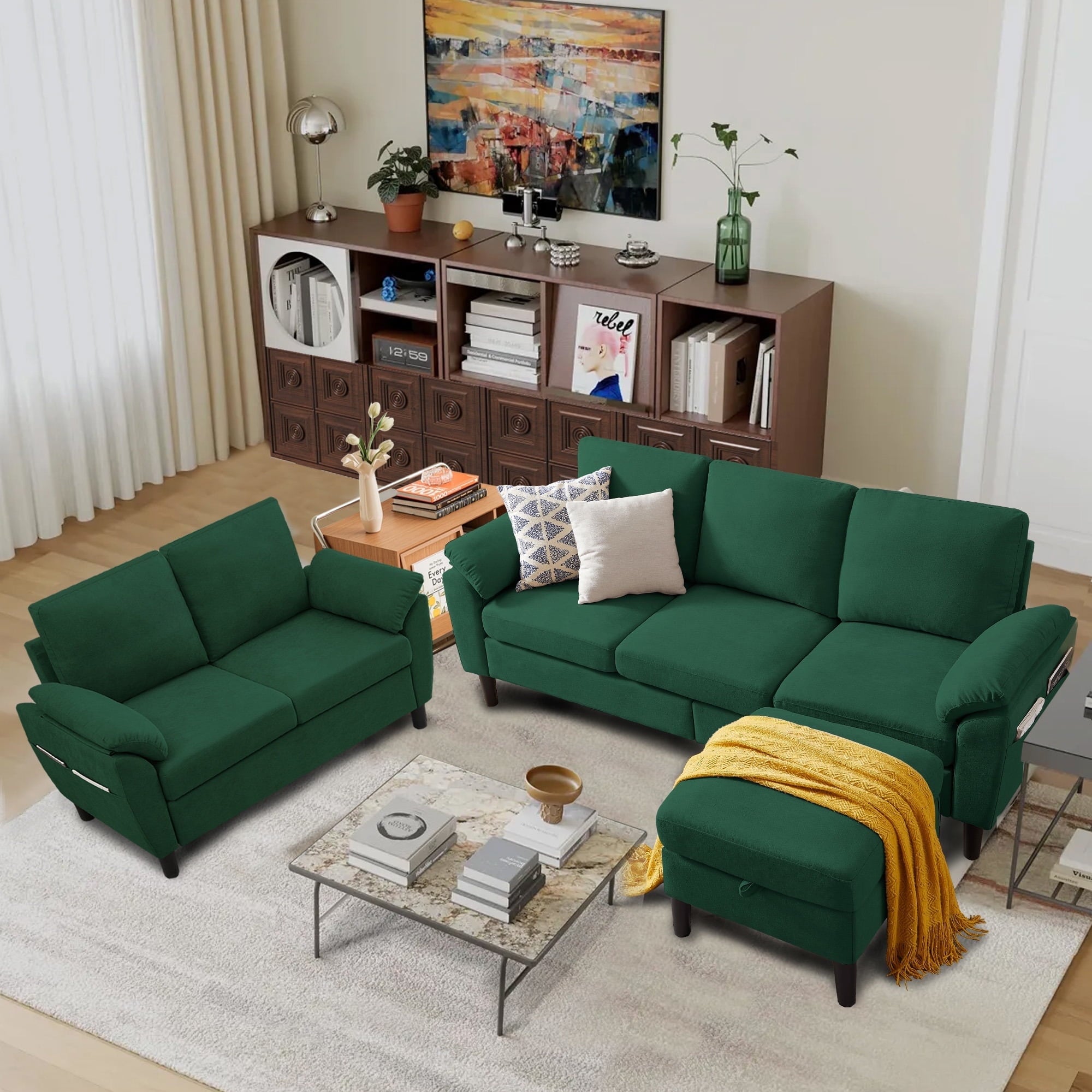 Soscana Living Room Furniture 2 Piece Set,Sectional Sofa Couch with Storage Ottoman and Double Seater Loveseat,Green