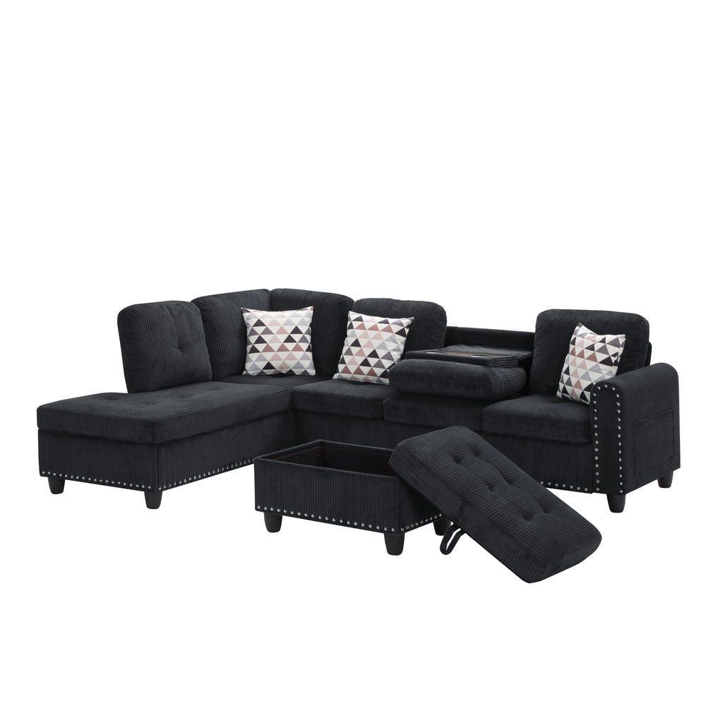 Gewnee 94.49" L-shaped Modular Fabric Sofa Set with Storage Ottoman and Cup Holders & throw pillows.Suitable for Living Rooms,Offices and Reception Rooms.Black